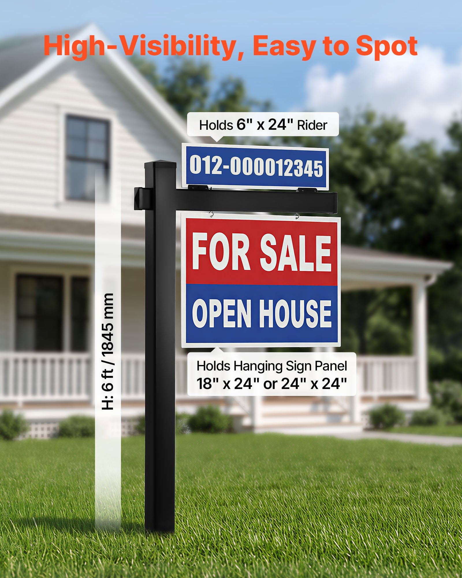 6 ft Tall PVC Real Estate Sign Post, Durable Yard Sign Holder with 36 in Arm, Easy Install, Wind-Resistant for Open House, Home, Outdoor Display, Black