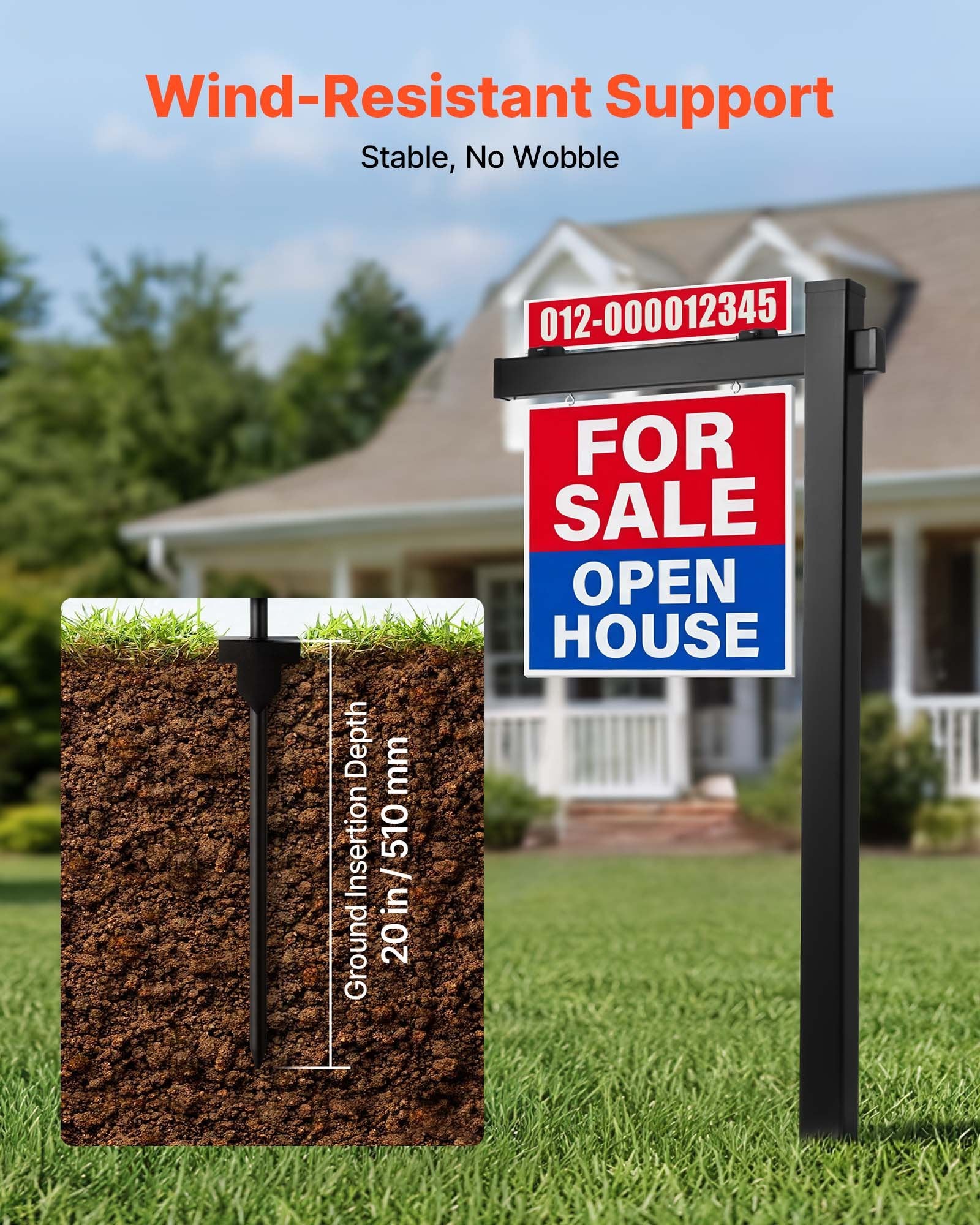 6 ft Tall PVC Real Estate Sign Post, Durable Yard Sign Holder with 36 in Arm, Easy Install, Wind-Resistant for Open House, Home, Outdoor Display, Black