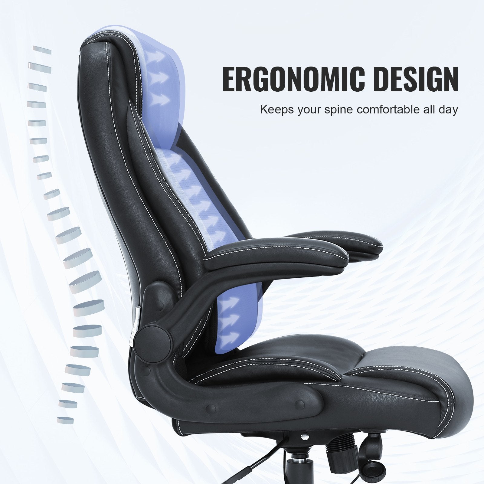 Premium Ergonomic Executive Office Chair with Adjustable Lumbar Support, High Back PU Leather, Flip-up Arms for Back Pain Relief, 300 lbs Capacity