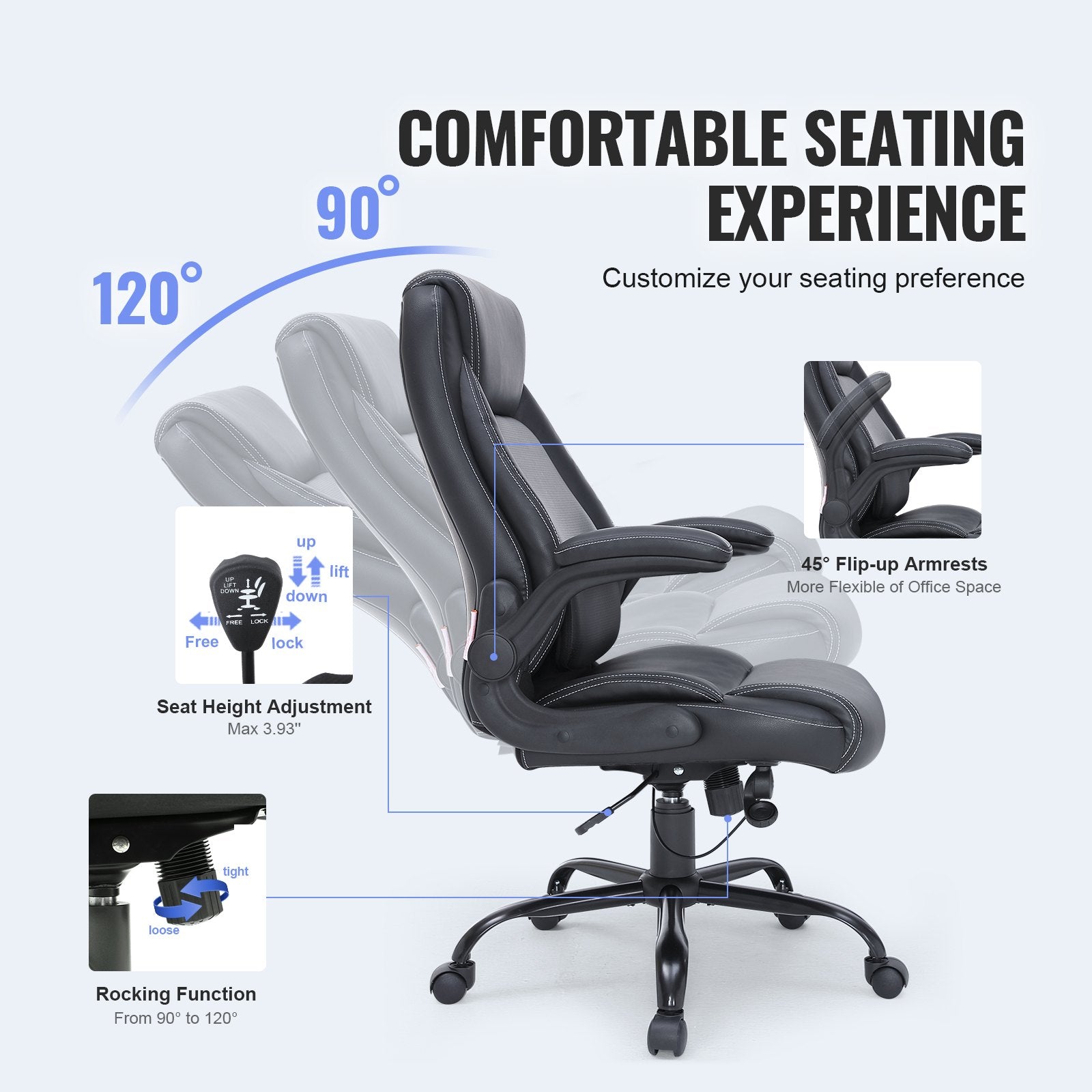 Premium Ergonomic Executive Office Chair with Adjustable Lumbar Support, High Back PU Leather, Flip-up Arms for Back Pain Relief, 300 lbs Capacity
