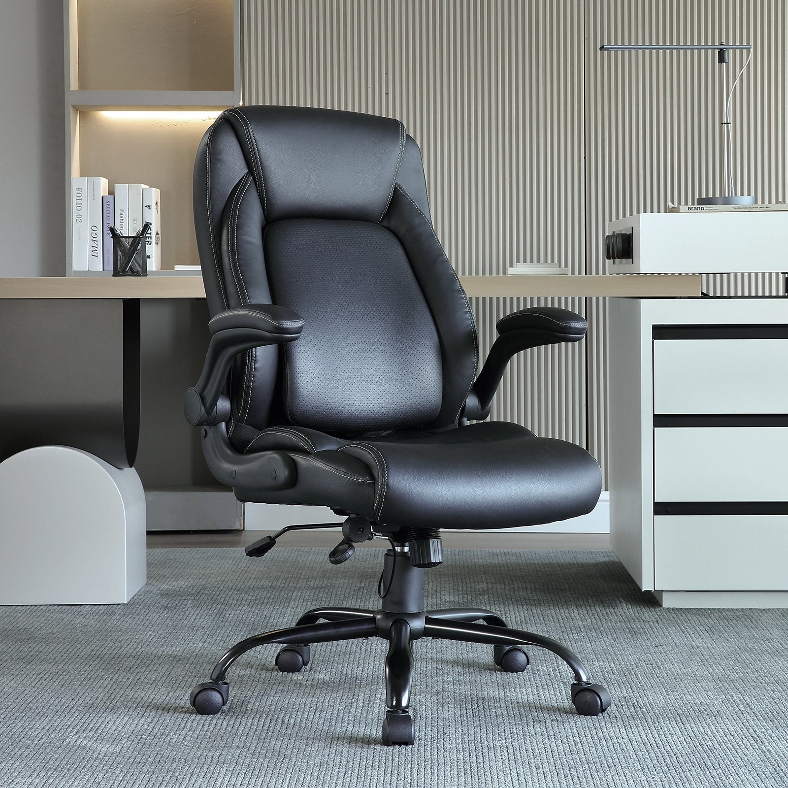 Premium Ergonomic Executive Office Chair with Adjustable Lumbar Support, High Back PU Leather, Flip-up Arms for Back Pain Relief, 300 lbs Capacity