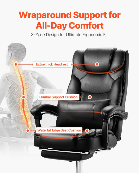 Premium Executive High Back Office Chair with Footrest and Lumbar Support, Ergonomic Reclining Desk Chair, Adjustable PU Leather Swivel for Work, Study, Gaming, Black