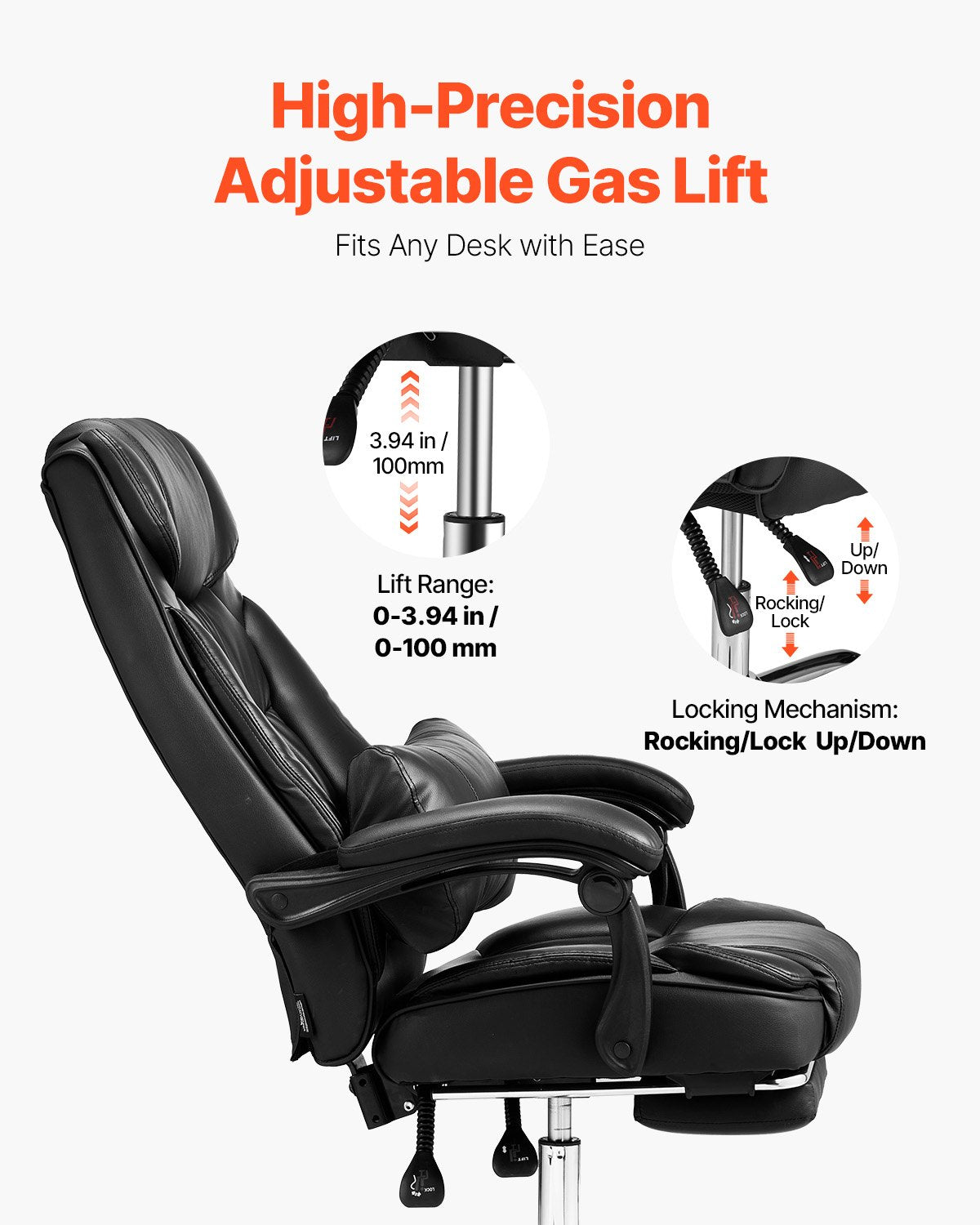 Premium Executive High Back Office Chair with Footrest and Lumbar Support, Ergonomic Reclining Desk Chair, Adjustable PU Leather Swivel for Work, Study, Gaming, Black