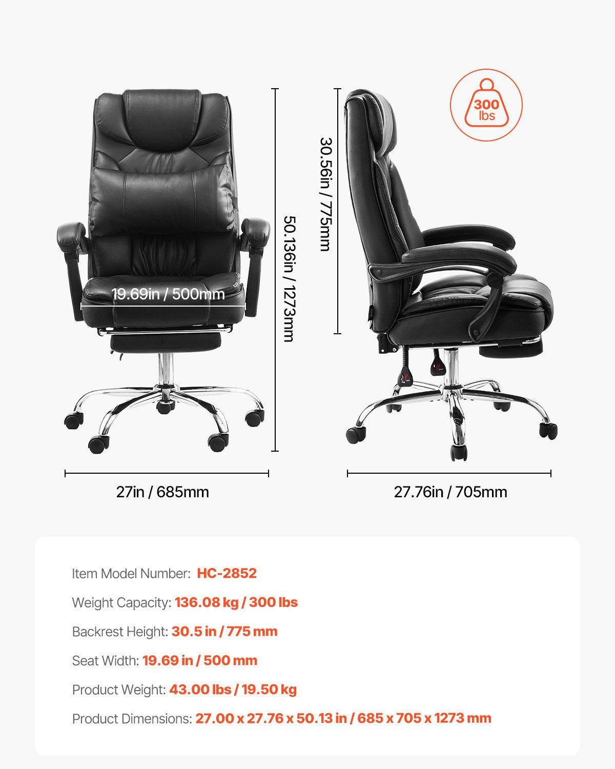 Premium Executive High Back Office Chair with Footrest and Lumbar Support, Ergonomic Reclining Desk Chair, Adjustable PU Leather Swivel for Work, Study, Gaming, Black
