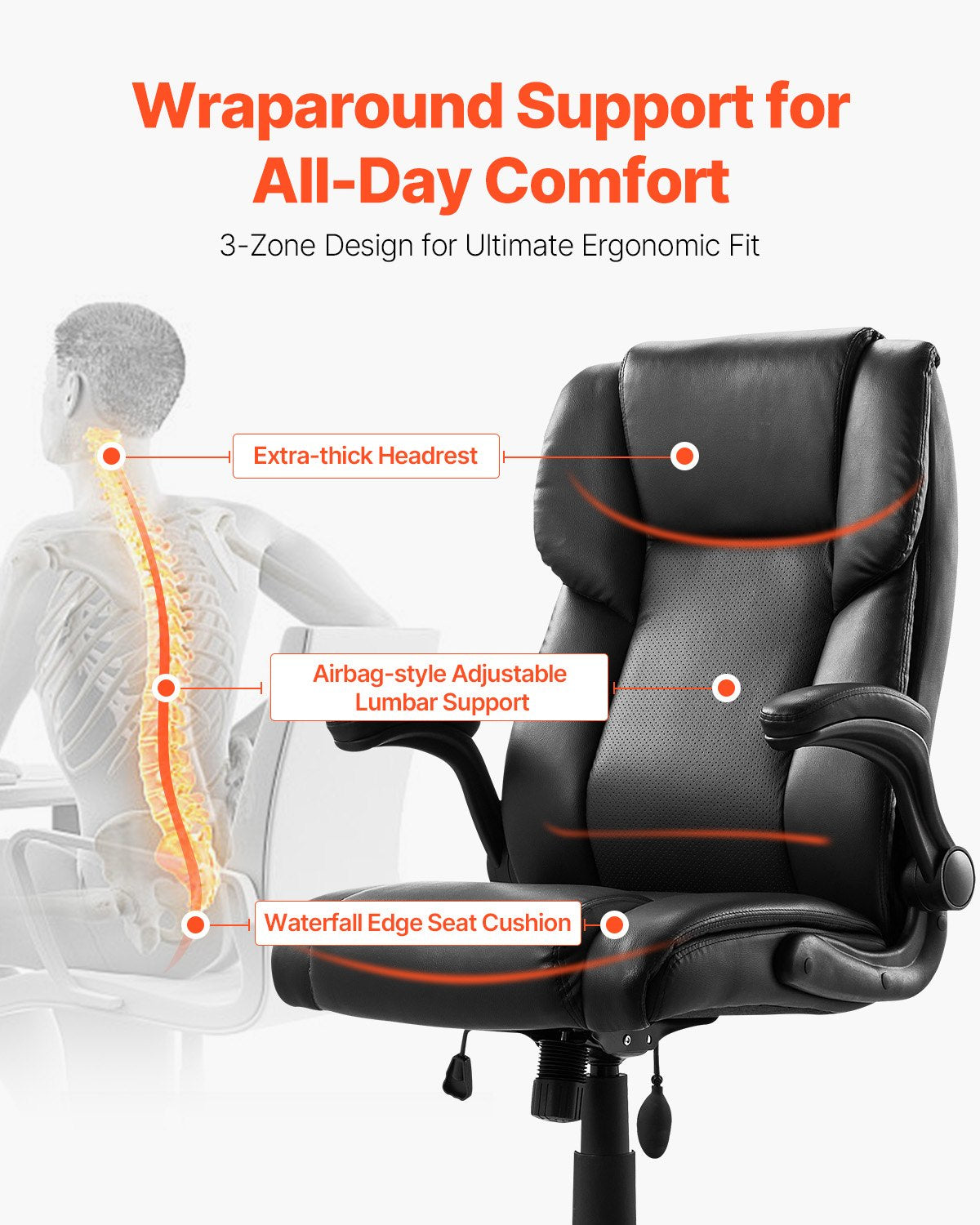 Ergonomic Executive Office Chair with High Back, Flip-up Armrests & Lumbar Support, Adjustable Tilt & Height, PU Leather Swivel Rolling Chair for Home, Study, Gaming, Black, Comfort Recline, Sturdy Build, Easy Height Adjustment, 300 lbs Capacity
