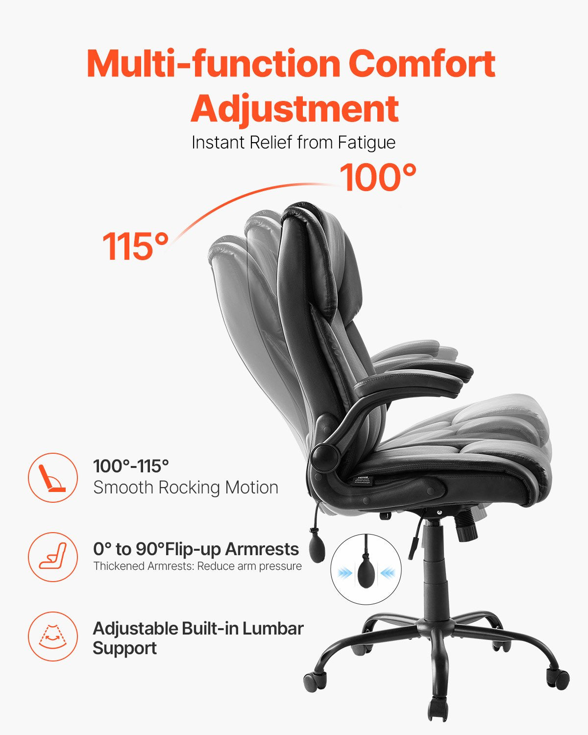 Ergonomic Executive Office Chair with High Back, Flip-up Armrests & Lumbar Support, Adjustable Tilt & Height, PU Leather Swivel Rolling Chair for Home, Study, Gaming, Black, Comfort Recline, Sturdy Build, Easy Height Adjustment, 300 lbs Capacity