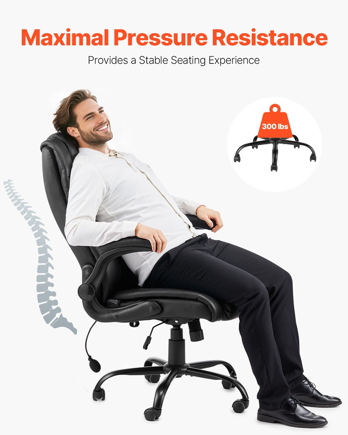 Ergonomic Executive Office Chair with High Back, Flip-up Armrests & Lumbar Support, Adjustable Tilt & Height, PU Leather Swivel Rolling Chair for Home, Study, Gaming, Black, Comfort Recline, Sturdy Build, Easy Height Adjustment, 300 lbs Capacity