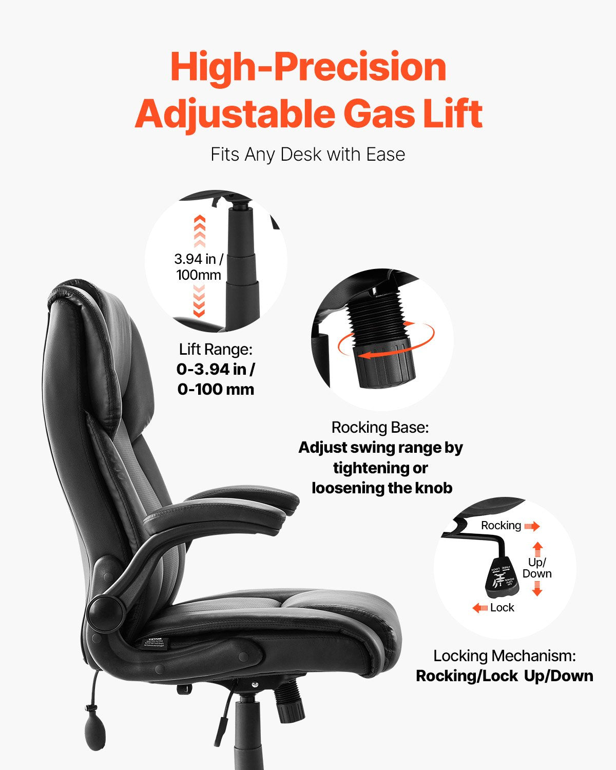 Ergonomic Executive Office Chair with High Back, Flip-up Armrests & Lumbar Support, Adjustable Tilt & Height, PU Leather Swivel Rolling Chair for Home, Study, Gaming, Black, Comfort Recline, Sturdy Build, Easy Height Adjustment, 300 lbs Capacity