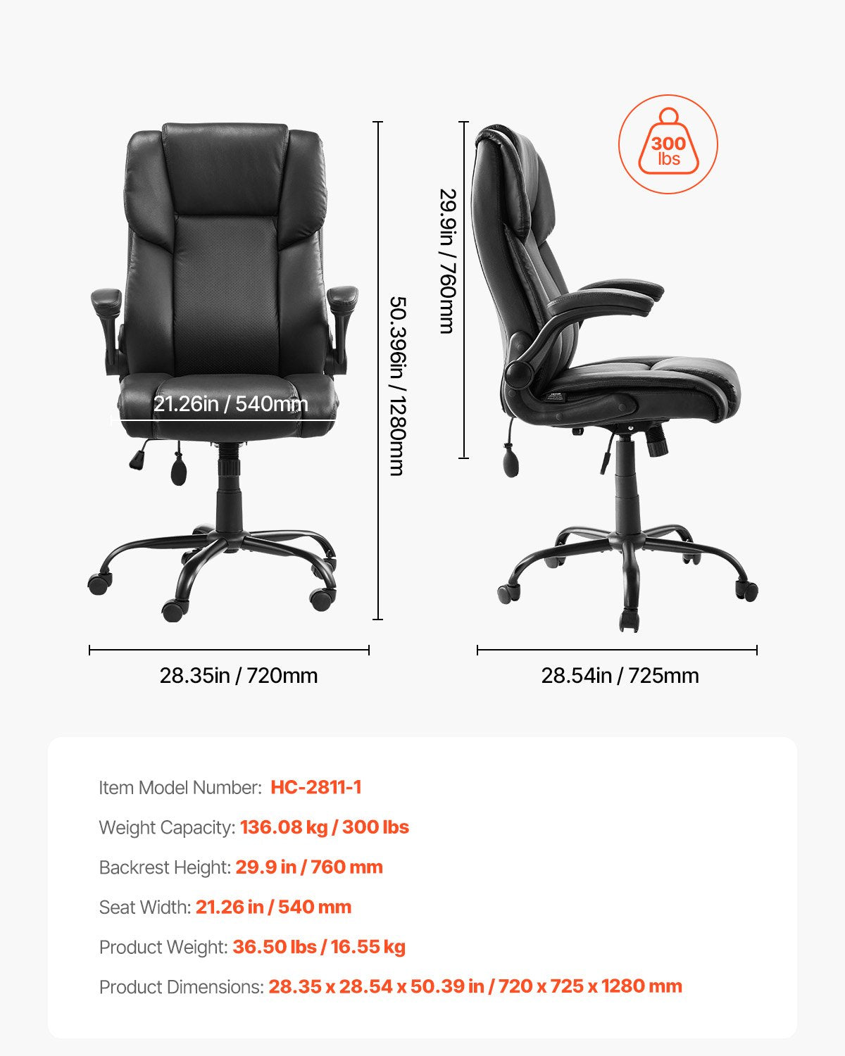 Ergonomic Executive Office Chair with High Back, Flip-up Armrests & Lumbar Support, Adjustable Tilt & Height, PU Leather Swivel Rolling Chair for Home, Study, Gaming, Black, Comfort Recline, Sturdy Build, Easy Height Adjustment, 300 lbs Capacity