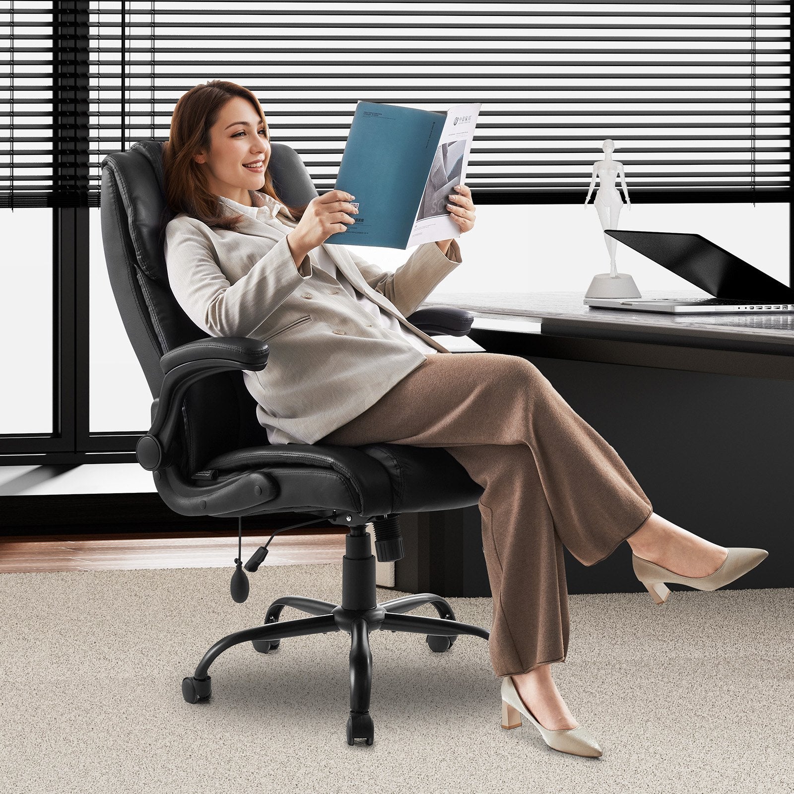 Ergonomic Executive Office Chair with High Back, Flip-up Armrests & Lumbar Support, Adjustable Tilt & Height, PU Leather Swivel Rolling Chair for Home, Study, Gaming, Black, Comfort Recline, Sturdy Build, Easy Height Adjustment, 300 lbs Capacity