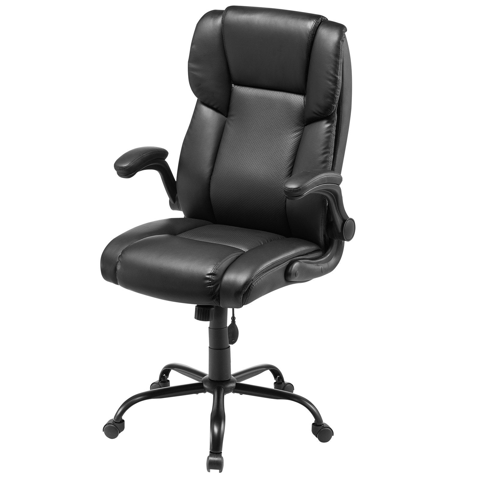 Ergonomic Executive Office Chair with High Back, Flip-up Armrests & Lumbar Support, Adjustable Tilt & Height, PU Leather Swivel Rolling Chair for Home, Study, Gaming, Black, Comfort Recline, Sturdy Build, Easy Height Adjustment, 300 lbs Capacity