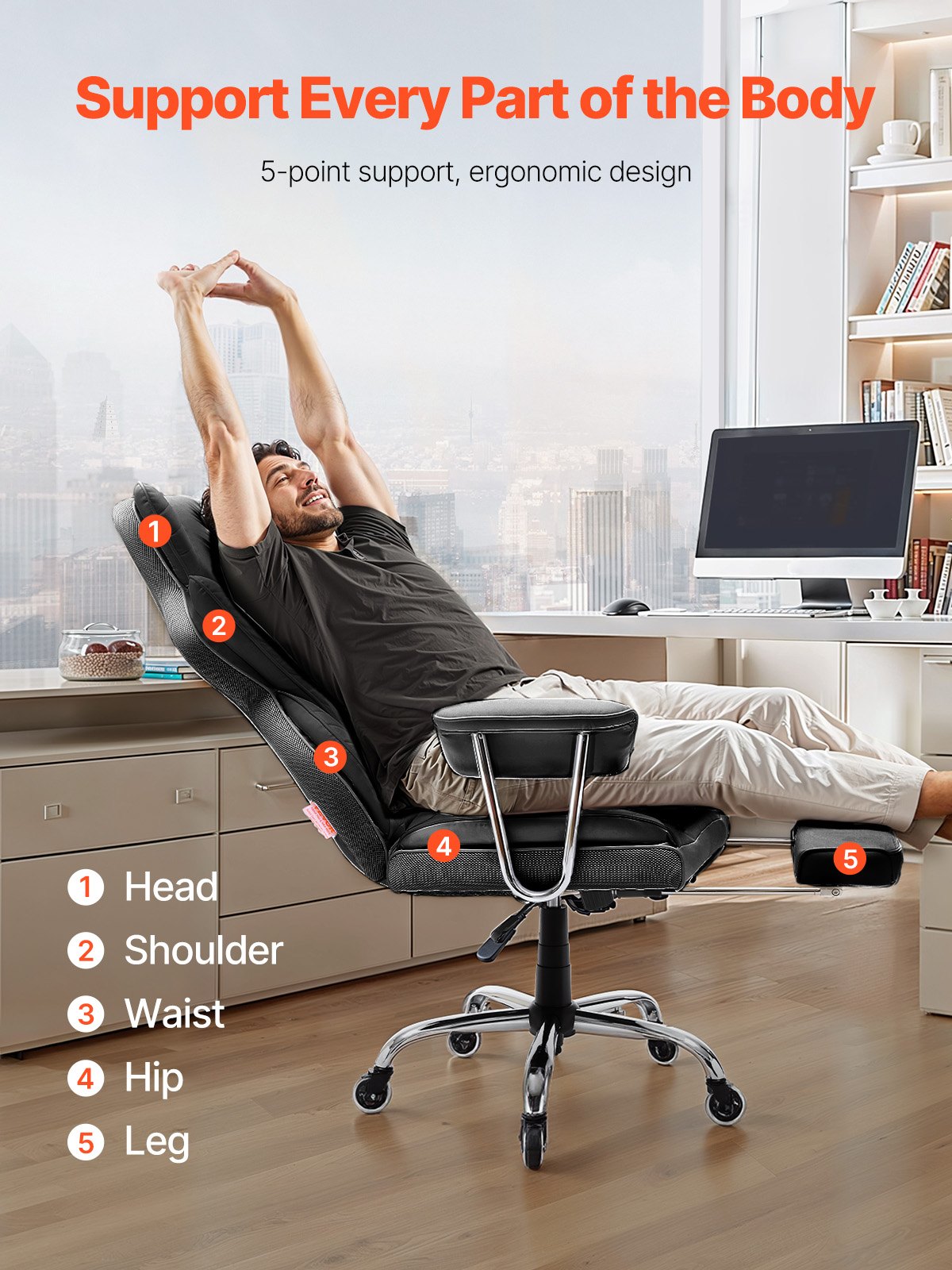 Luxurious Ergonomic Executive Office Chair with Footrest, High-Resilience Foam, PU Leather, Swivel & Removable Armrests - Ideal for Work, Study, Gaming