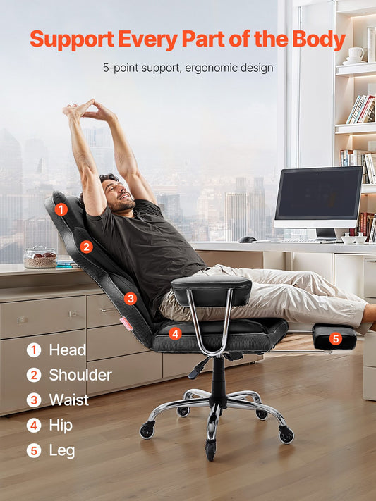Luxurious Ergonomic Executive Office Chair with Footrest, High-Resilience Foam, PU Leather, Swivel & Removable Armrests - Ideal for Work, Study, Gaming