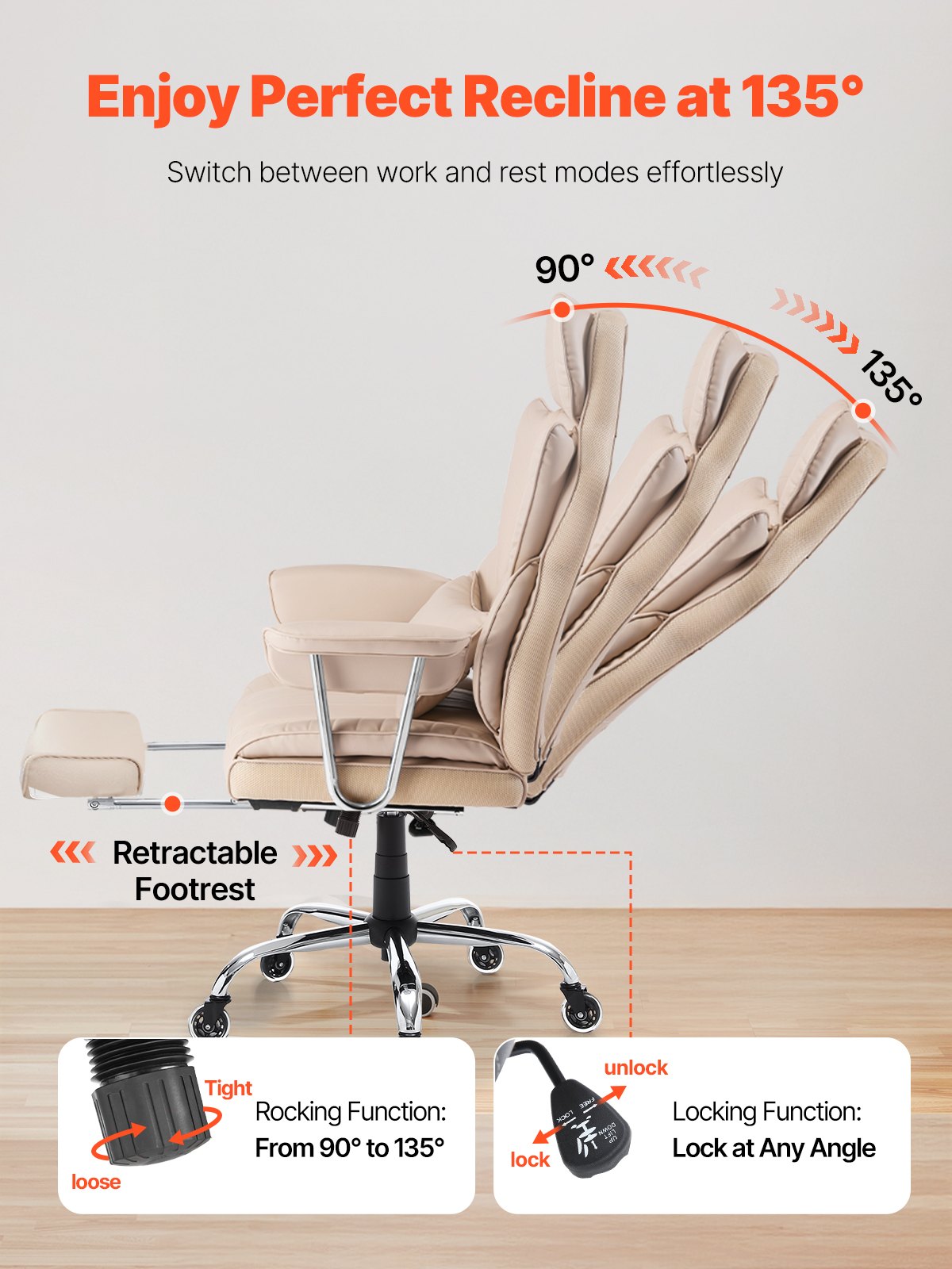 Luxurious Executive Office Chair with Footrest & Removable Armrests, Ergonomic High-Back PU Leather Swivel for Work, Study, Gaming - Brown