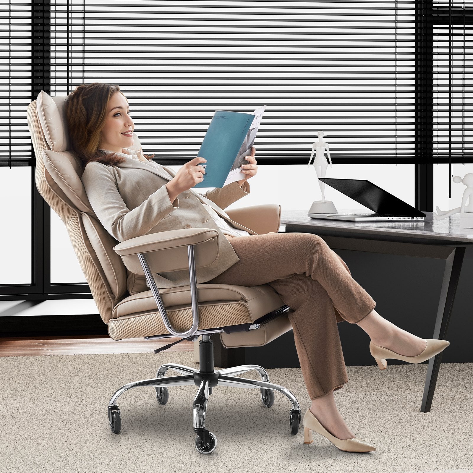 Luxurious Executive Office Chair with Footrest & Removable Armrests, Ergonomic High-Back PU Leather Swivel for Work, Study, Gaming - Brown
