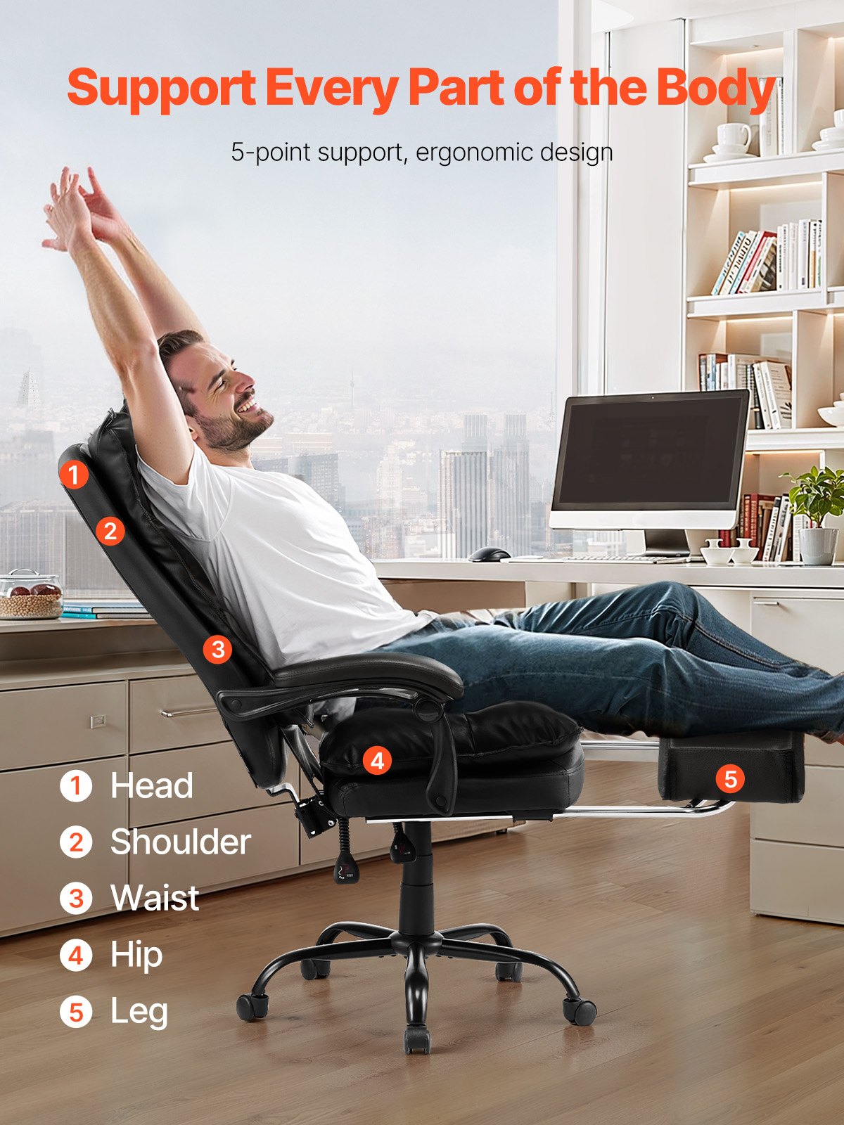 Luxurious Ergonomic Executive Office Chair with Footrest, 135° Recline & Adjustable Height, PU Leather, Lumbar Support, Swivel Rolling, Black
