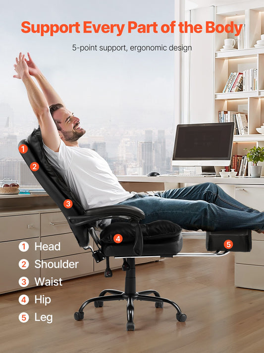 Luxurious Ergonomic Executive Office Chair with Footrest, 135° Recline & Adjustable Height, PU Leather, Lumbar Support, Swivel Rolling, Black