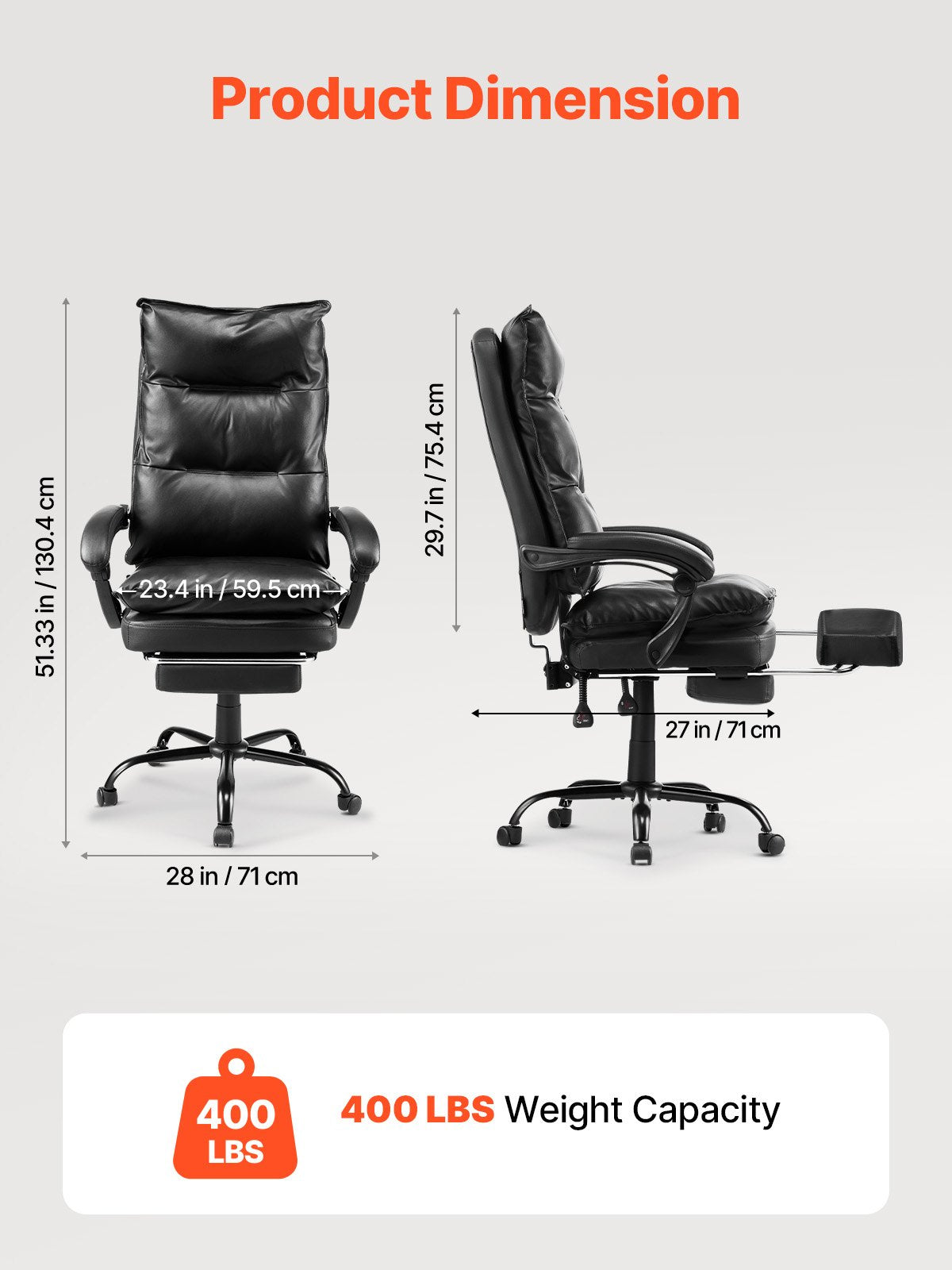 Luxurious Ergonomic Executive Office Chair with Footrest, 135° Recline & Adjustable Height, PU Leather, Lumbar Support, Swivel Rolling, Black