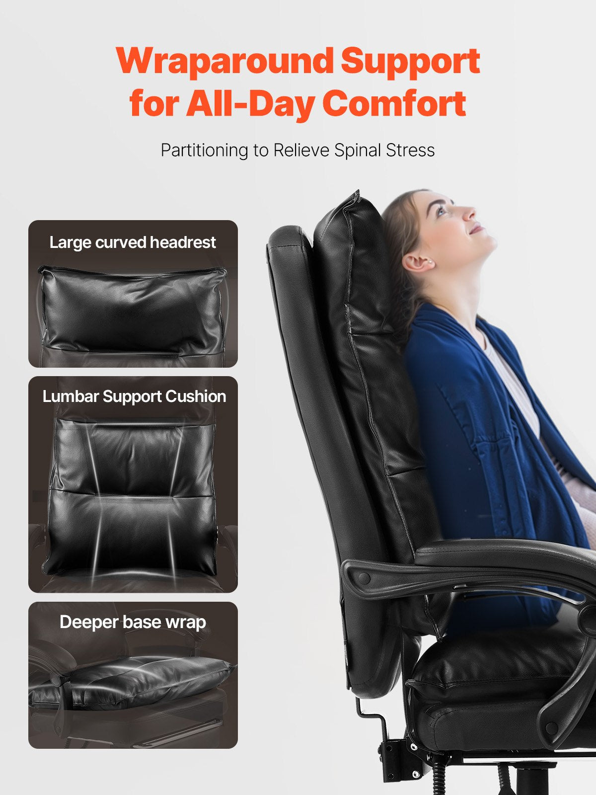 Luxurious Ergonomic Executive Office Chair with Footrest, 135° Recline & Adjustable Height, PU Leather, Lumbar Support, Swivel Rolling, Black