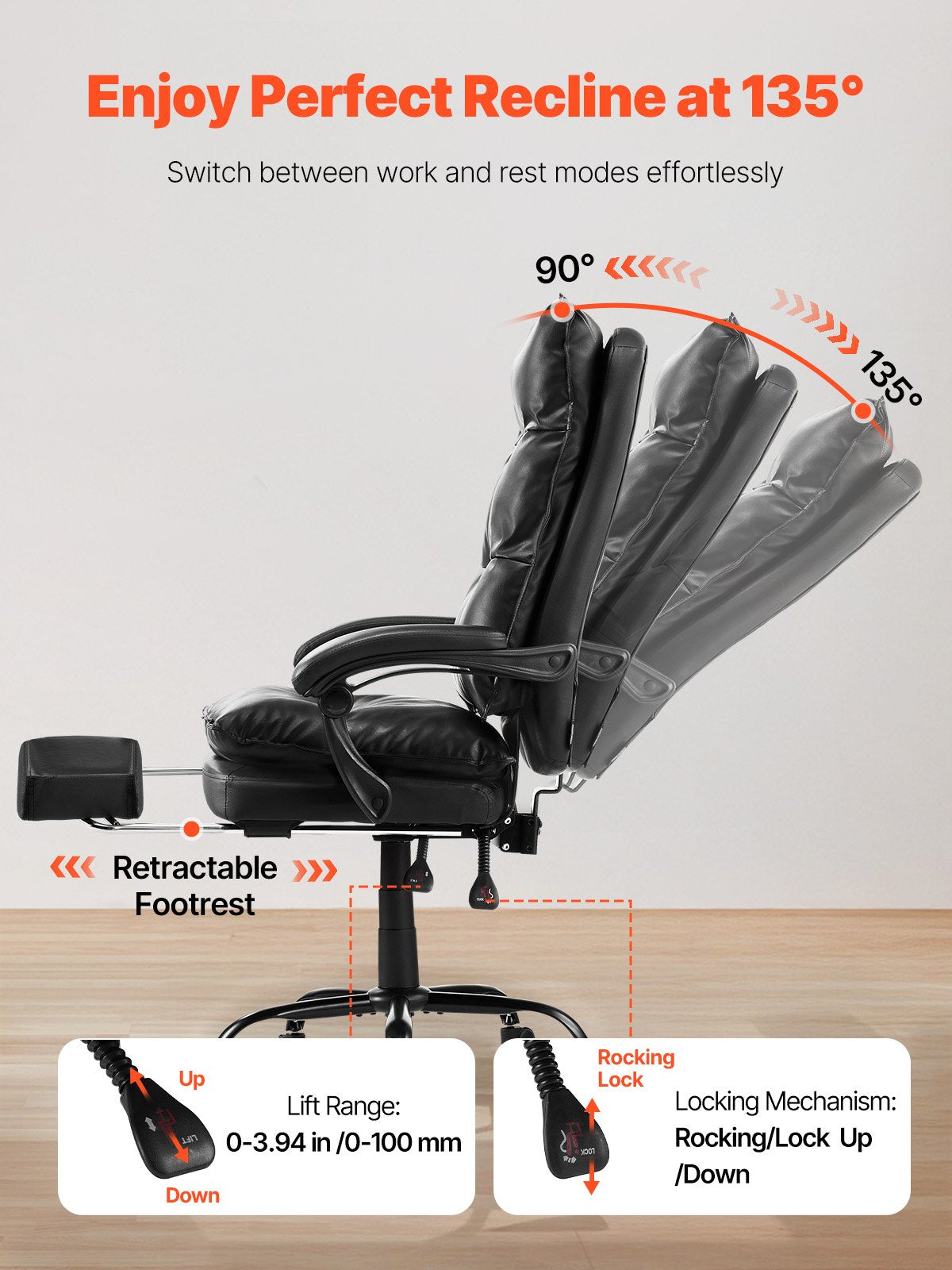 Luxurious Ergonomic Executive Office Chair with Footrest, 135° Recline & Adjustable Height, PU Leather, Lumbar Support, Swivel Rolling, Black