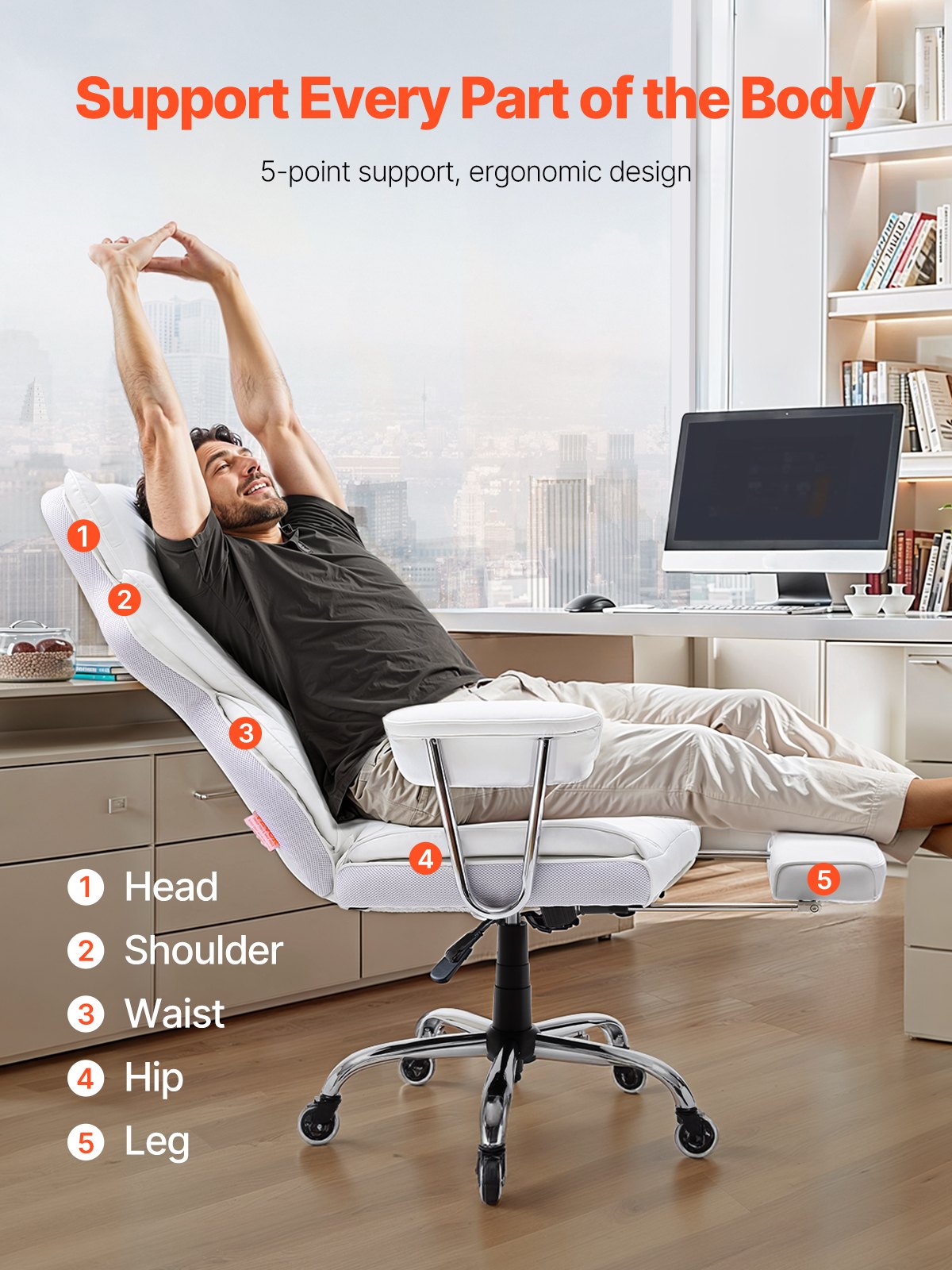 Luxurious White Reclining Office Chair with Ergonomic Footrest, Heavy Duty PU Leather, Lumbar Support, and Quiet Wheels for Big and Tall Users