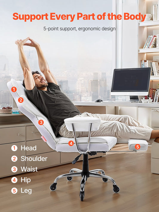 Luxurious White Reclining Office Chair with Ergonomic Footrest, Heavy Duty PU Leather, Lumbar Support, and Quiet Wheels for Big and Tall Users