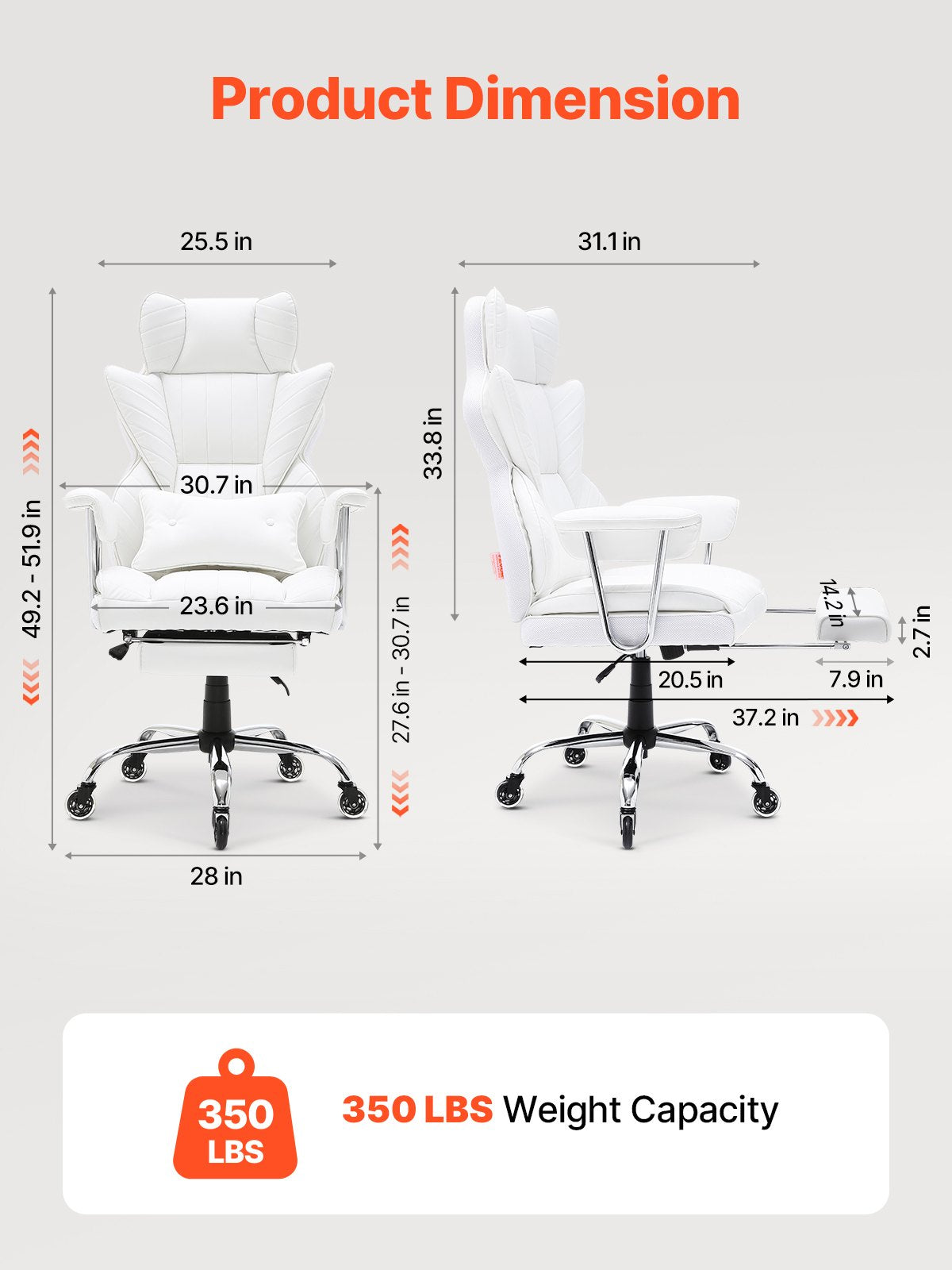 Luxurious White Reclining Office Chair with Ergonomic Footrest, Heavy Duty PU Leather, Lumbar Support, and Quiet Wheels for Big and Tall Users