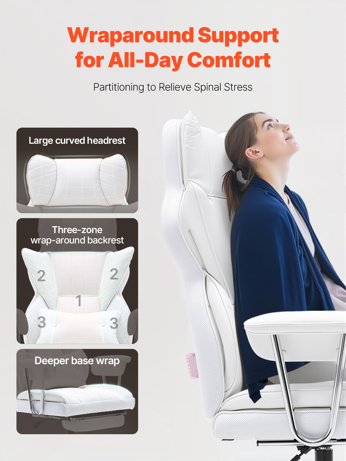 Luxurious White Reclining Office Chair with Ergonomic Footrest, Heavy Duty PU Leather, Lumbar Support, and Quiet Wheels for Big and Tall Users
