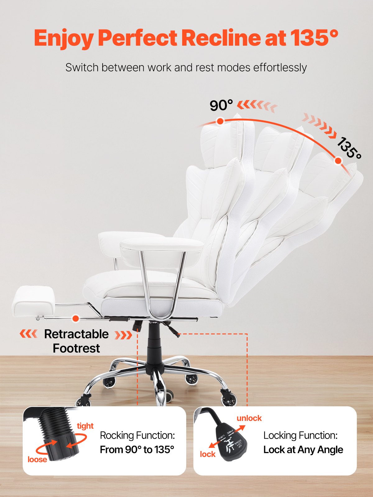 Luxurious White Reclining Office Chair with Ergonomic Footrest, Heavy Duty PU Leather, Lumbar Support, and Quiet Wheels for Big and Tall Users