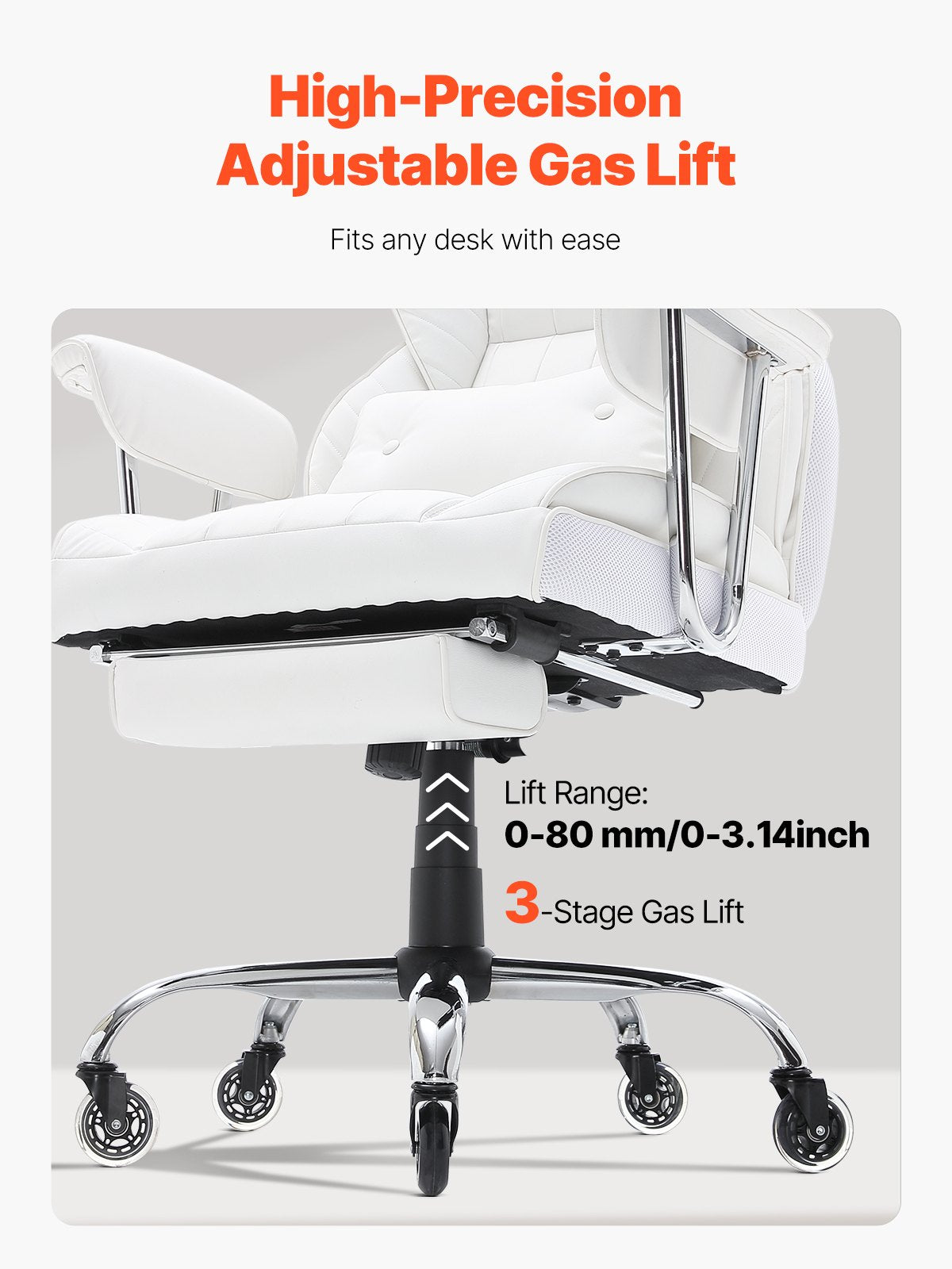 Luxurious White Reclining Office Chair with Ergonomic Footrest, Heavy Duty PU Leather, Lumbar Support, and Quiet Wheels for Big and Tall Users