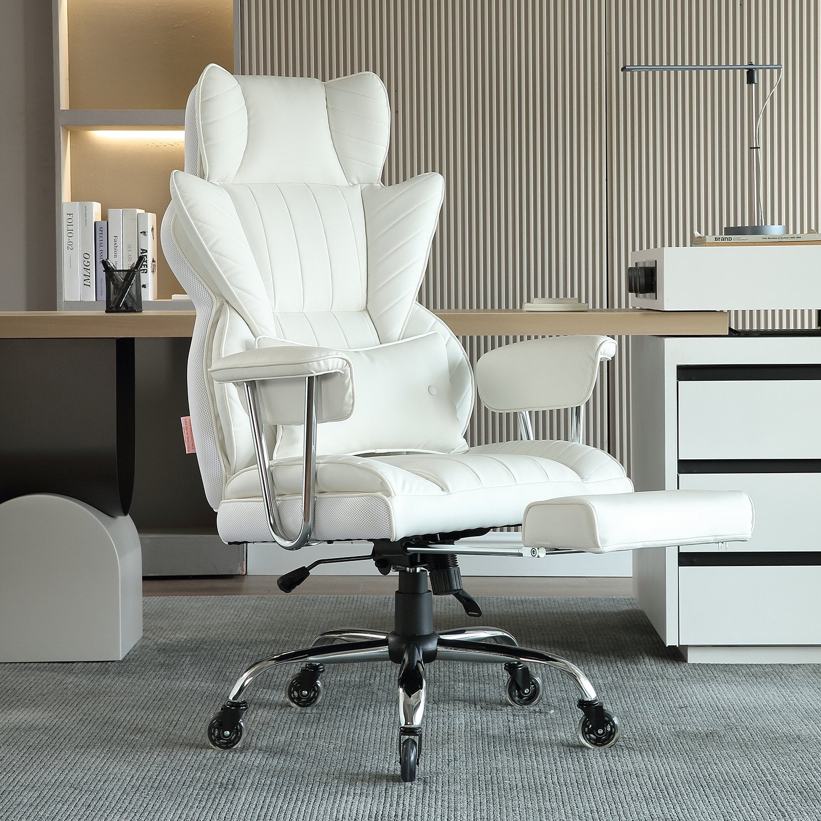 Luxurious White Reclining Office Chair with Ergonomic Footrest, Heavy Duty PU Leather, Lumbar Support, and Quiet Wheels for Big and Tall Users