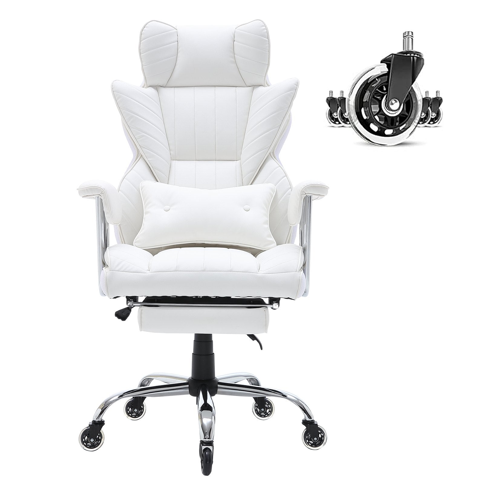 Luxurious White Reclining Office Chair with Ergonomic Footrest, Heavy Duty PU Leather, Lumbar Support, and Quiet Wheels for Big and Tall Users