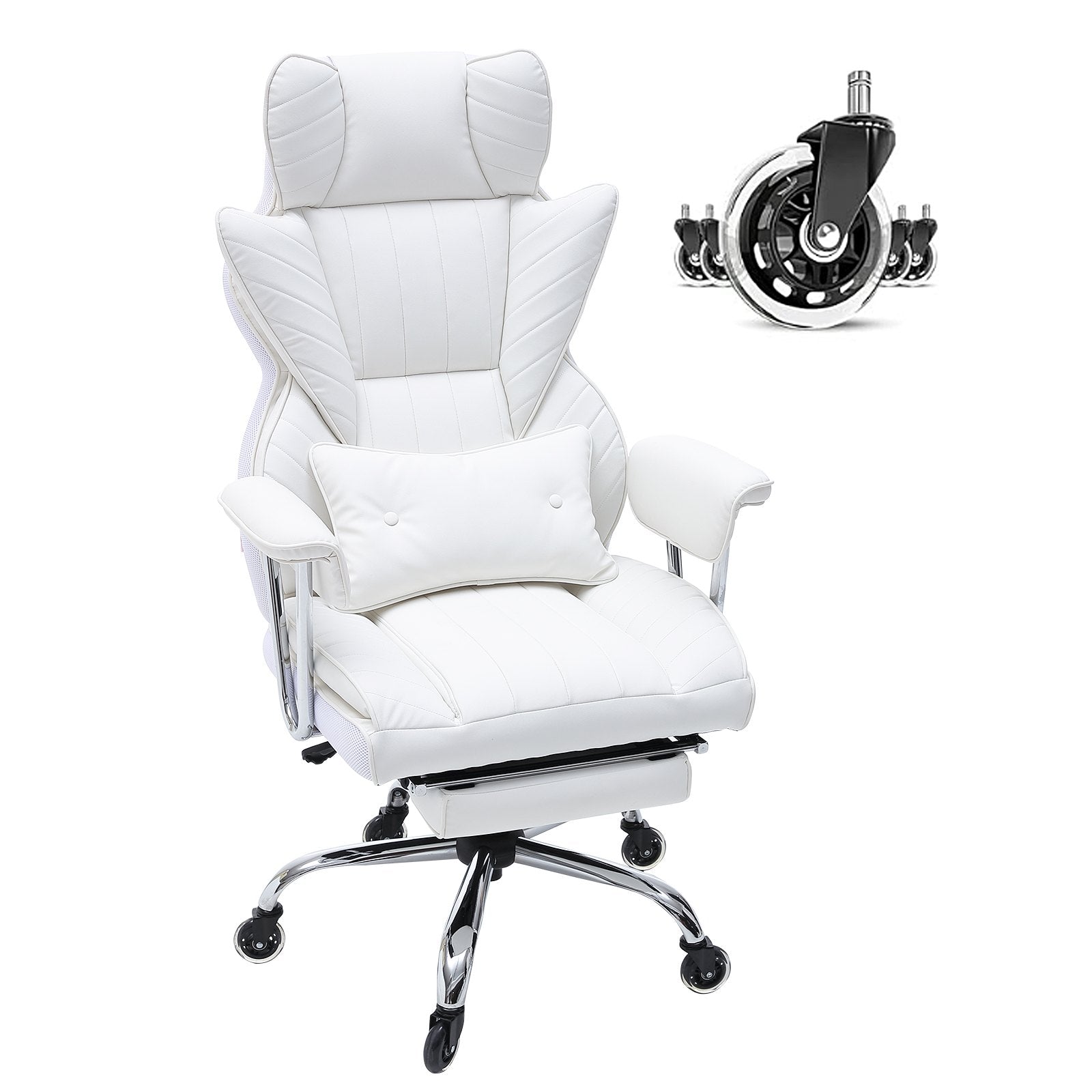 Luxurious White Reclining Office Chair with Ergonomic Footrest, Heavy Duty PU Leather, Lumbar Support, and Quiet Wheels for Big and Tall Users