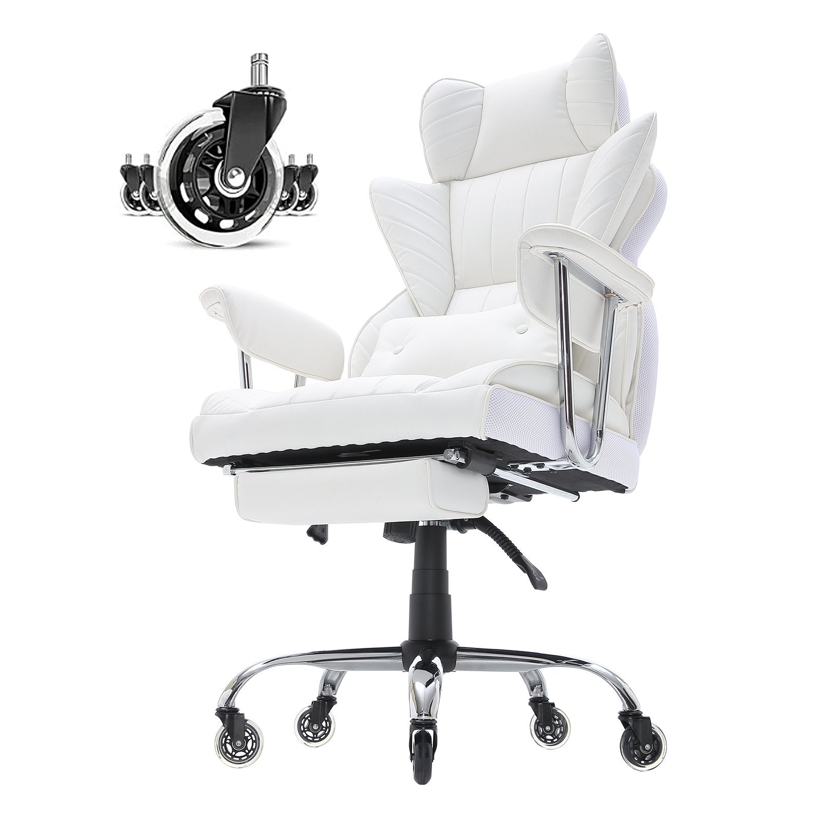 Luxurious White Reclining Office Chair with Ergonomic Footrest, Heavy Duty PU Leather, Lumbar Support, and Quiet Wheels for Big and Tall Users