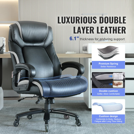 Heavy Duty Ergonomic Executive Office Chair with Adjustable Lumbar Support, 400lbs Capacity, Wide Cushioned Seat, Quiet PU Wheels, Metal Base