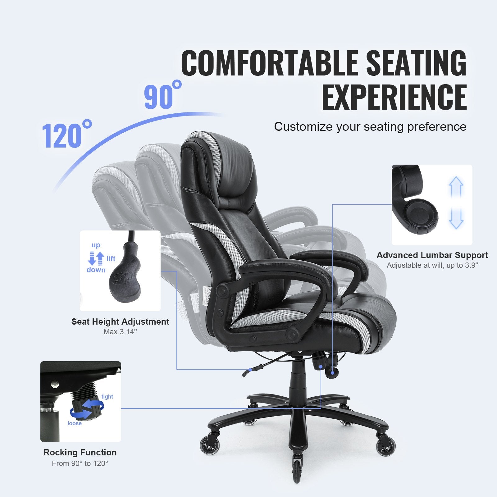 Heavy Duty Ergonomic Executive Office Chair with Adjustable Lumbar Support, 400lbs Capacity, Wide Cushioned Seat, Quiet PU Wheels, Metal Base