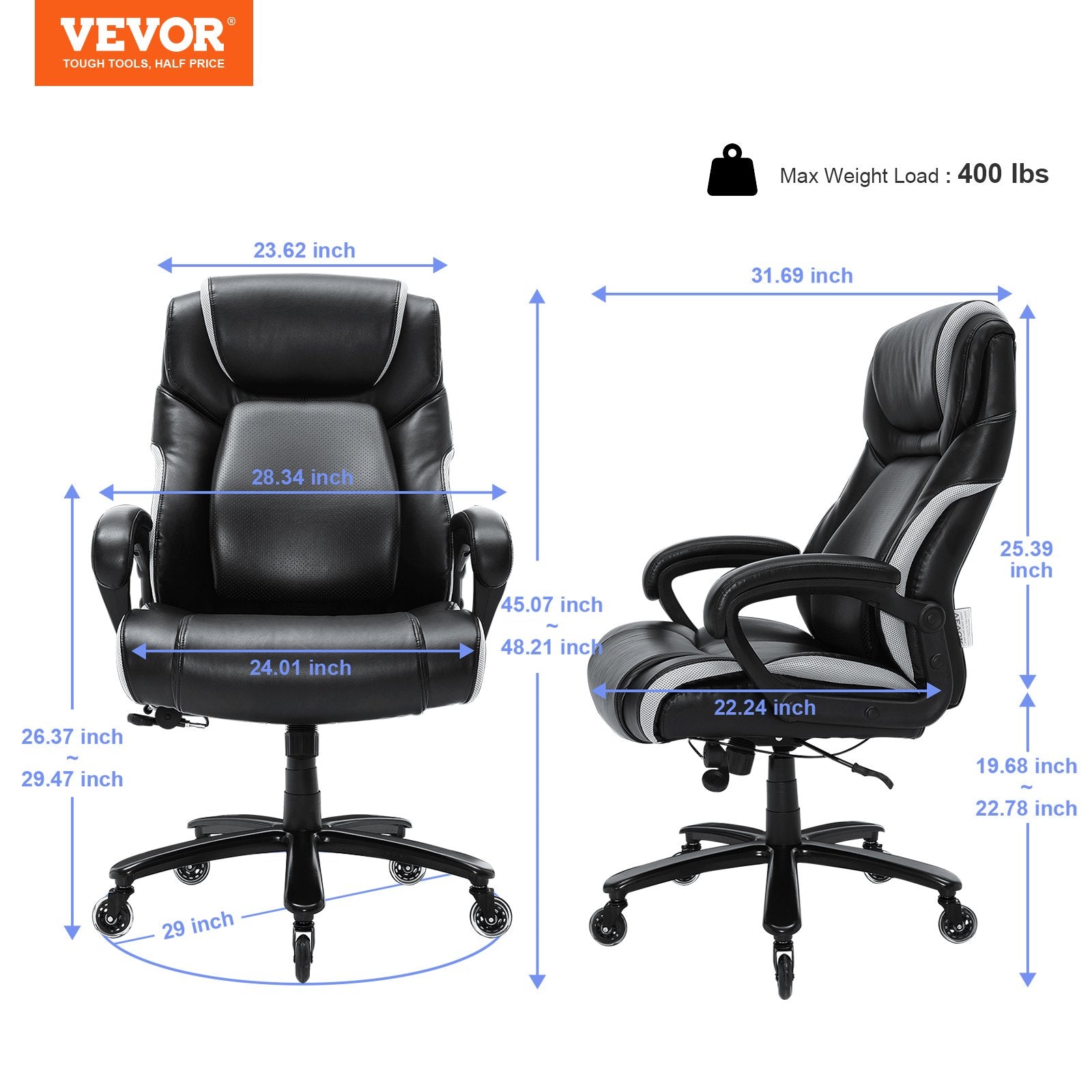 Heavy Duty Ergonomic Executive Office Chair with Adjustable Lumbar Support, 400lbs Capacity, Wide Cushioned Seat, Quiet PU Wheels, Metal Base