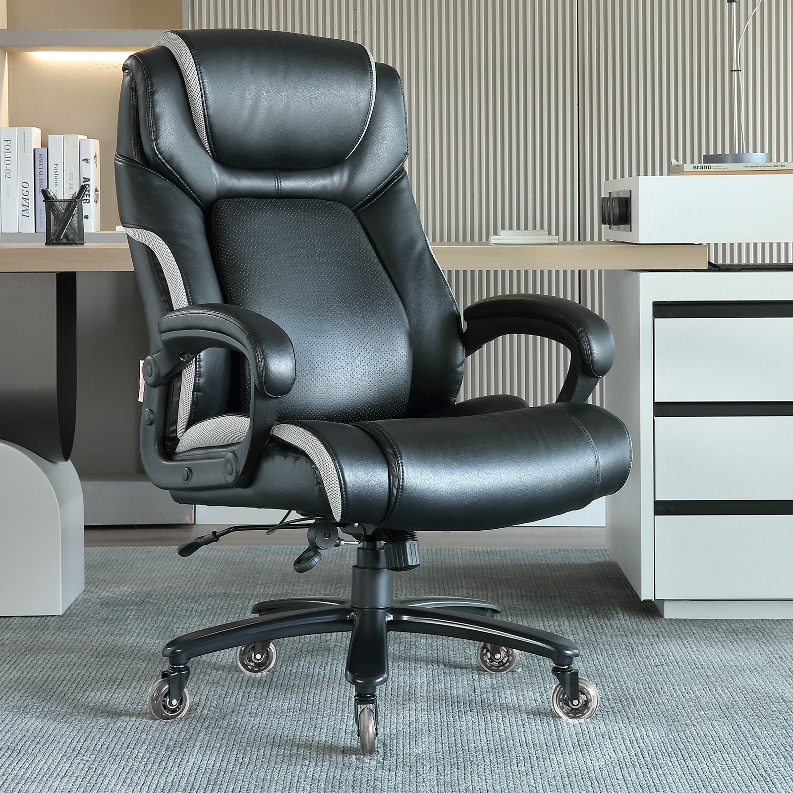 Heavy Duty Ergonomic Executive Office Chair with Adjustable Lumbar Support, 400lbs Capacity, Wide Cushioned Seat, Quiet PU Wheels, Metal Base