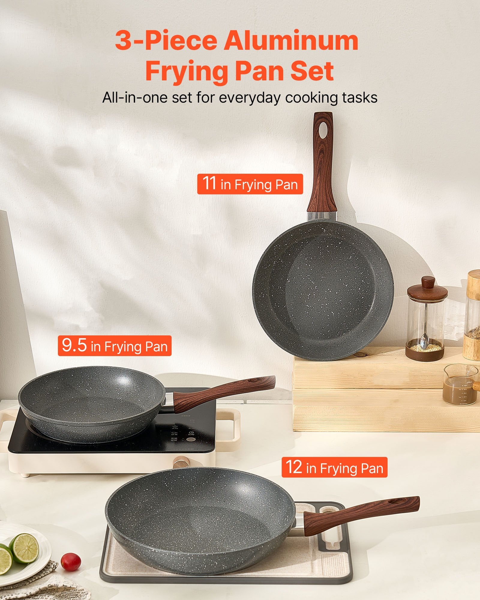 Durable Nonstick Skillet Set: 3-Piece Aluminum Fry Pans for Gas, Electric, Induction - Heat-Resistant, Easy-Clean, Even Heat Distribution