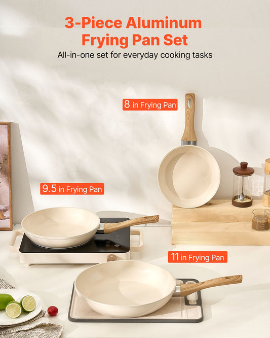 Versatile Nonstick Ceramic Frying Pan Set - 3-Piece (8", 9.5", 11") Heavy-Duty Skillets for Gas, Electric, Induction Cooktops with Heat-Resistant Handles, Ideal Kitchen Cookware
