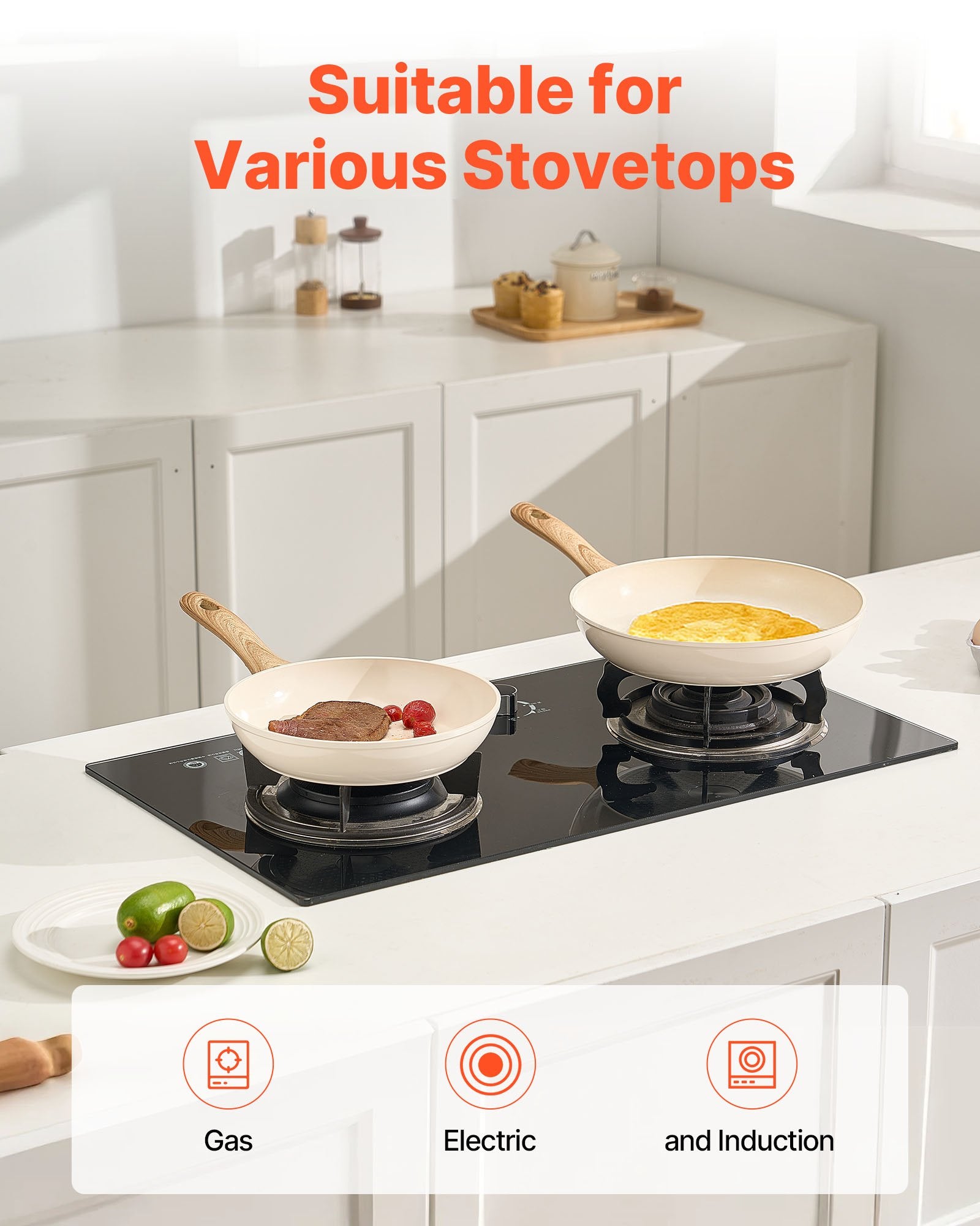Versatile Nonstick Ceramic Frying Pan Set - 3-Piece (8", 9.5", 11") Heavy-Duty Skillets for Gas, Electric, Induction Cooktops with Heat-Resistant Handles, Ideal Kitchen Cookware