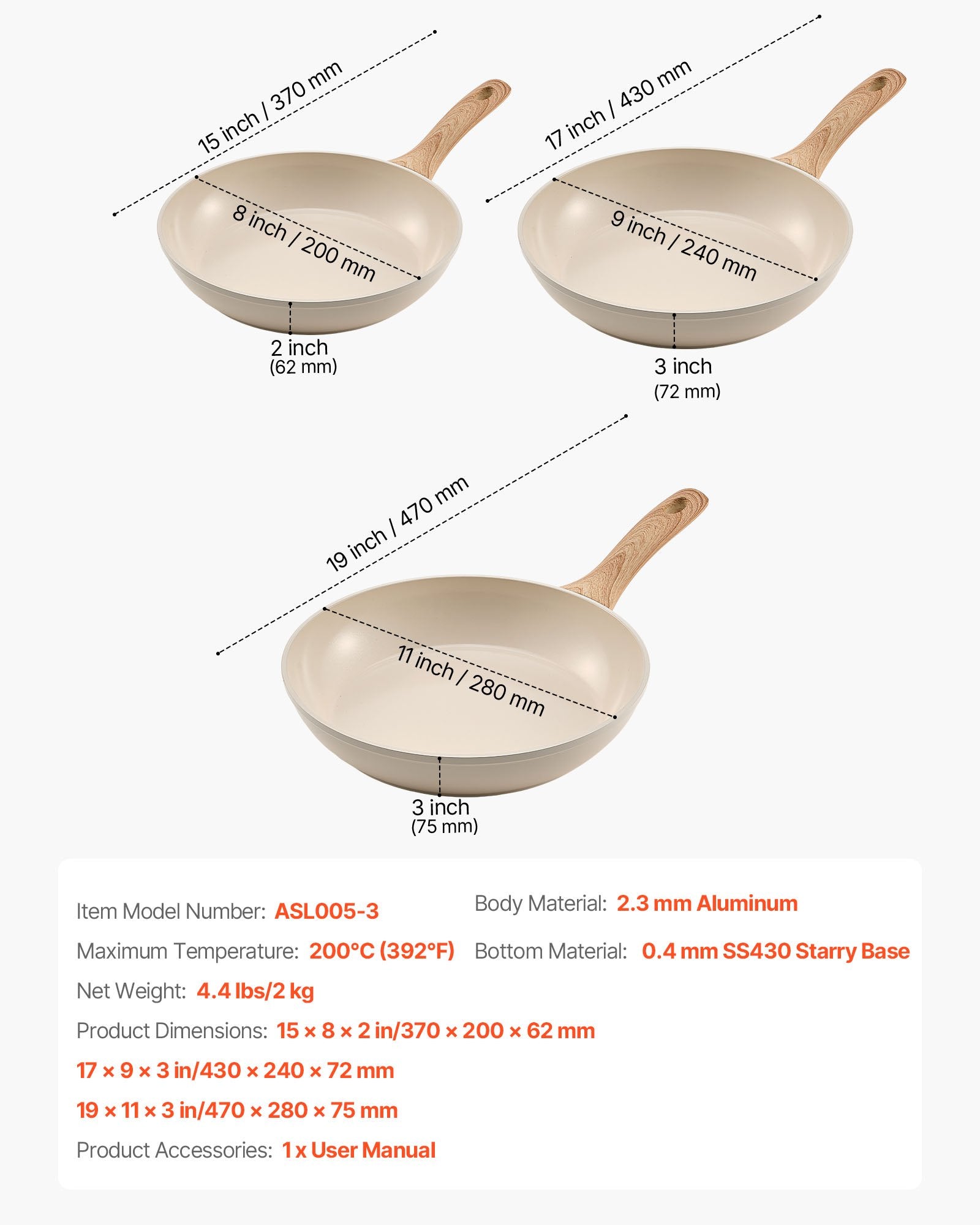Versatile Nonstick Ceramic Frying Pan Set - 3-Piece (8", 9.5", 11") Heavy-Duty Skillets for Gas, Electric, Induction Cooktops with Heat-Resistant Handles, Ideal Kitchen Cookware