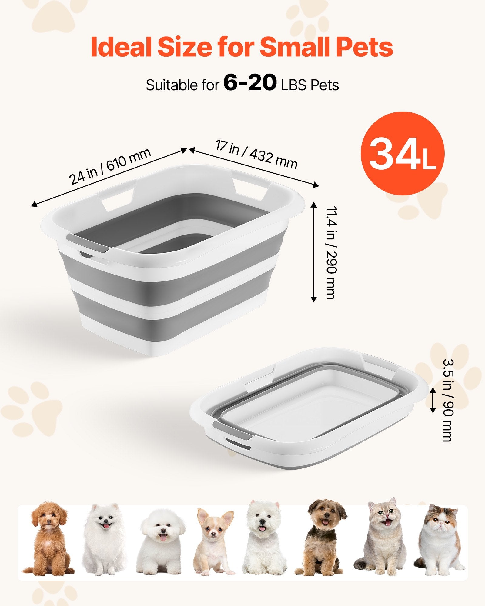 Collapsible Dog Bath Tub for Small Pets - Portable, Space-Saving Grooming Station with Drainage, Durable Foldable Design in Gray White