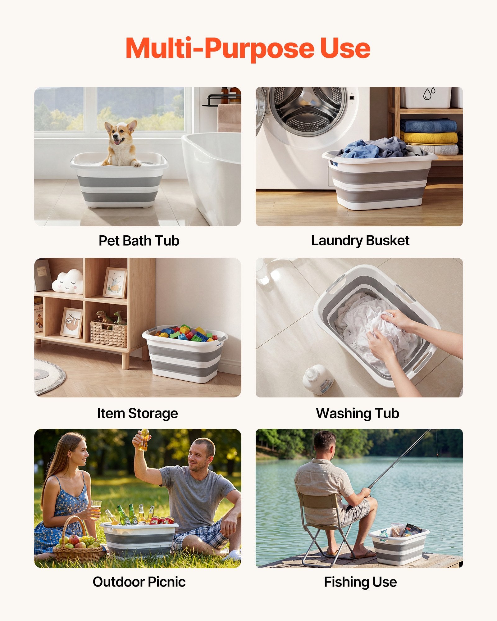 Collapsible Dog Bath Tub for Small Pets - Portable, Space-Saving Grooming Station with Drainage, Durable Foldable Design in Gray White