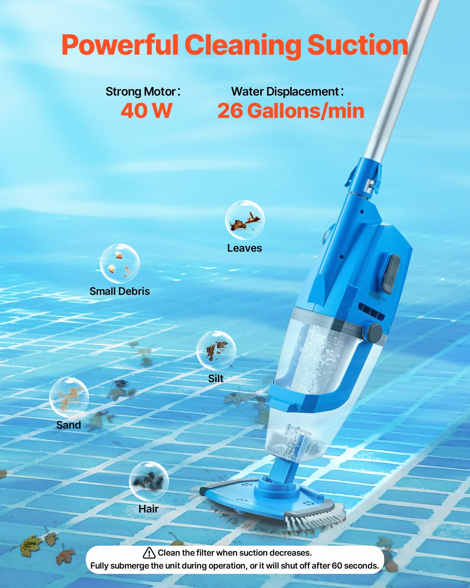 Cordless Pool Vacuum with Extension Pole for Deep Cleaning | 26 GPM, Strong Suction, 1-Hour Run Time, Rechargeable for Above/Inground Pool Spas