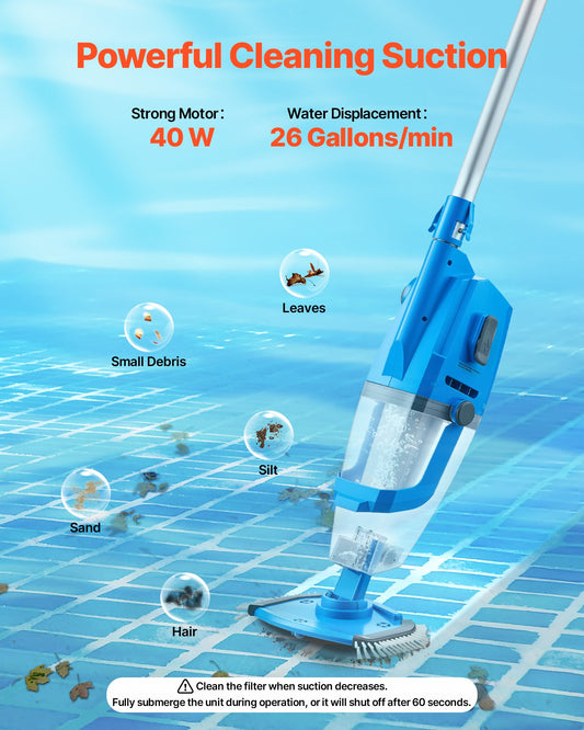 Cordless Pool Vacuum with Extension Pole for Deep Cleaning | 26 GPM, Strong Suction, 1-Hour Run Time, Rechargeable for Above/Inground Pool Spas