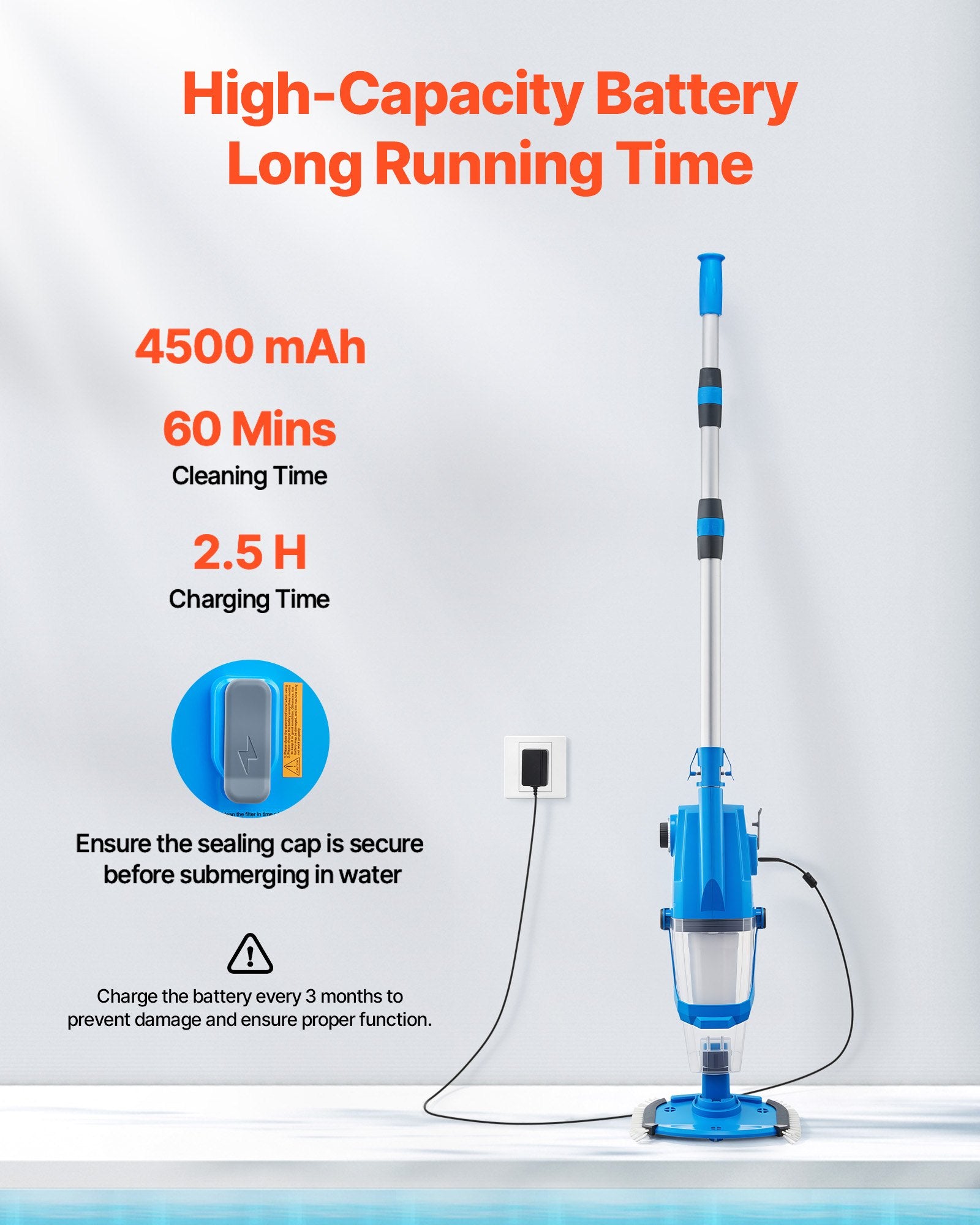 Cordless Pool Vacuum with Extension Pole for Deep Cleaning | 26 GPM, Strong Suction, 1-Hour Run Time, Rechargeable for Above/Inground Pool Spas