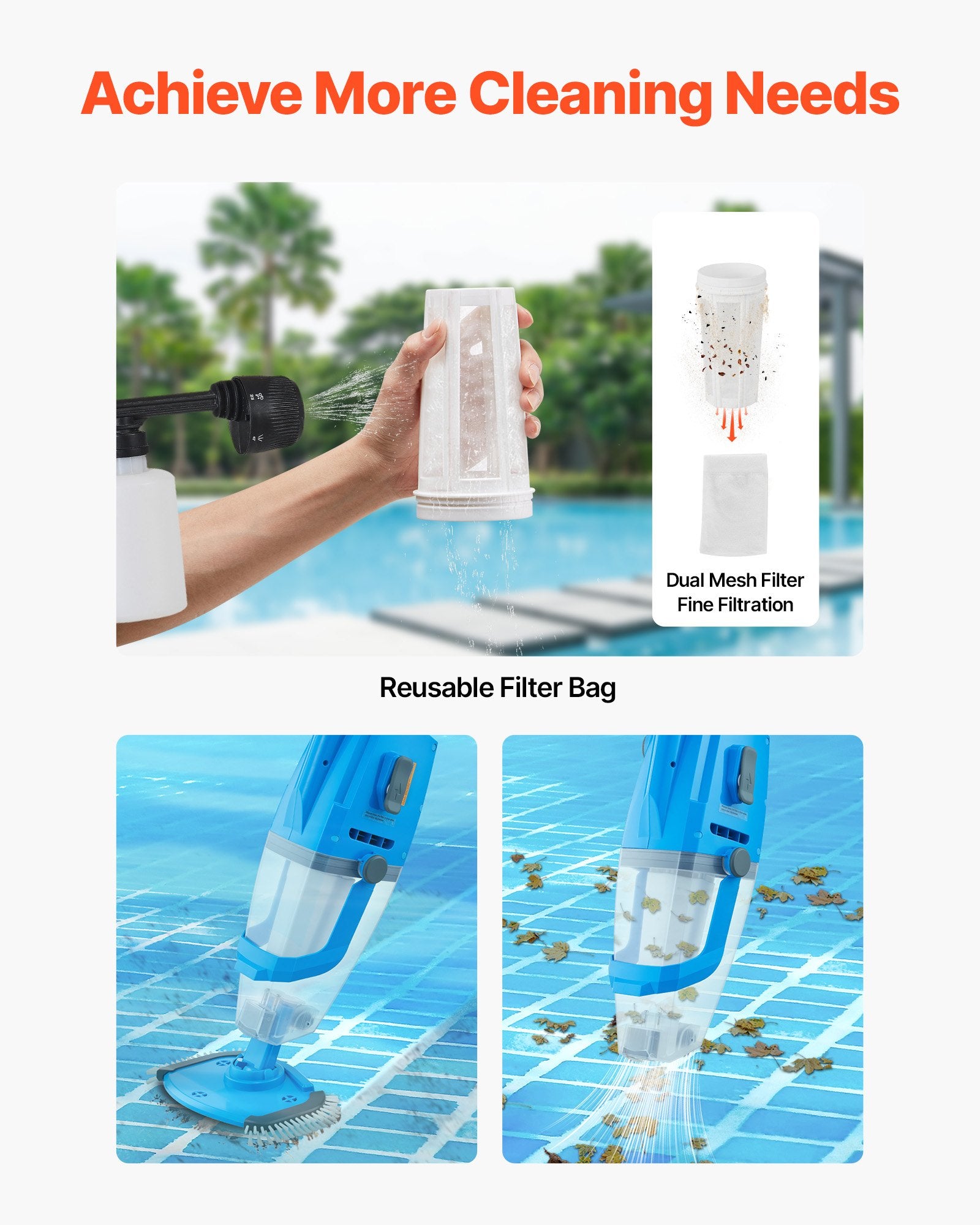 Cordless Pool Vacuum with Extension Pole for Deep Cleaning | 26 GPM, Strong Suction, 1-Hour Run Time, Rechargeable for Above/Inground Pool Spas