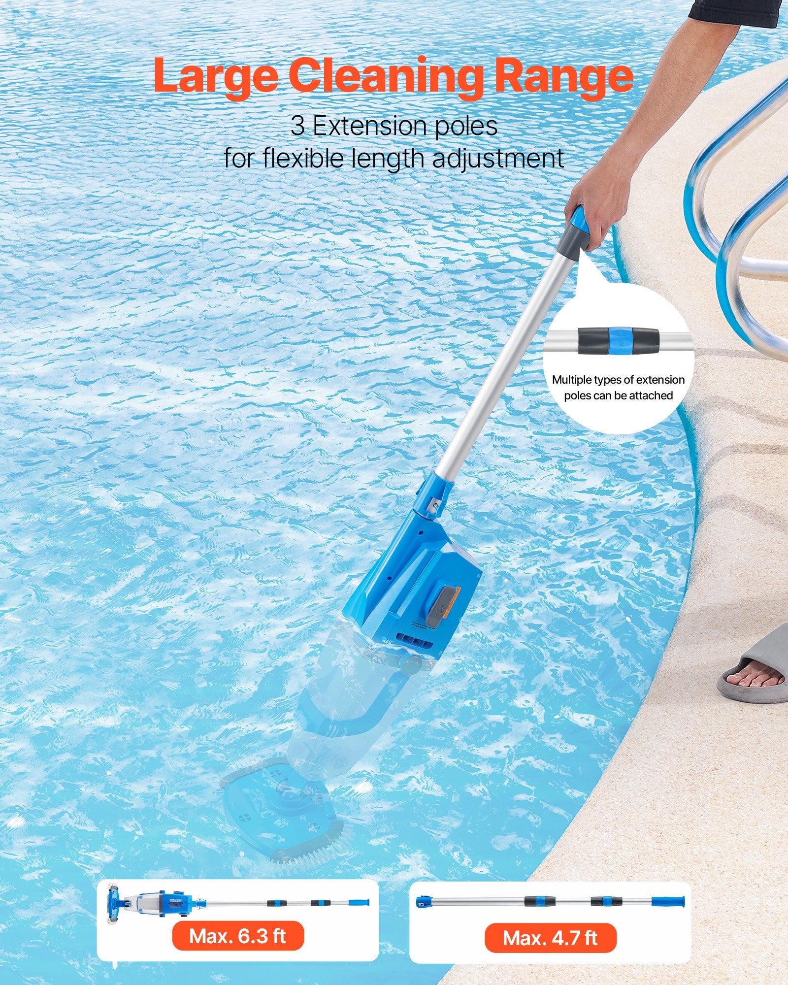 Cordless Pool Vacuum with Extension Pole for Deep Cleaning | 26 GPM, Strong Suction, 1-Hour Run Time, Rechargeable for Above/Inground Pool Spas
