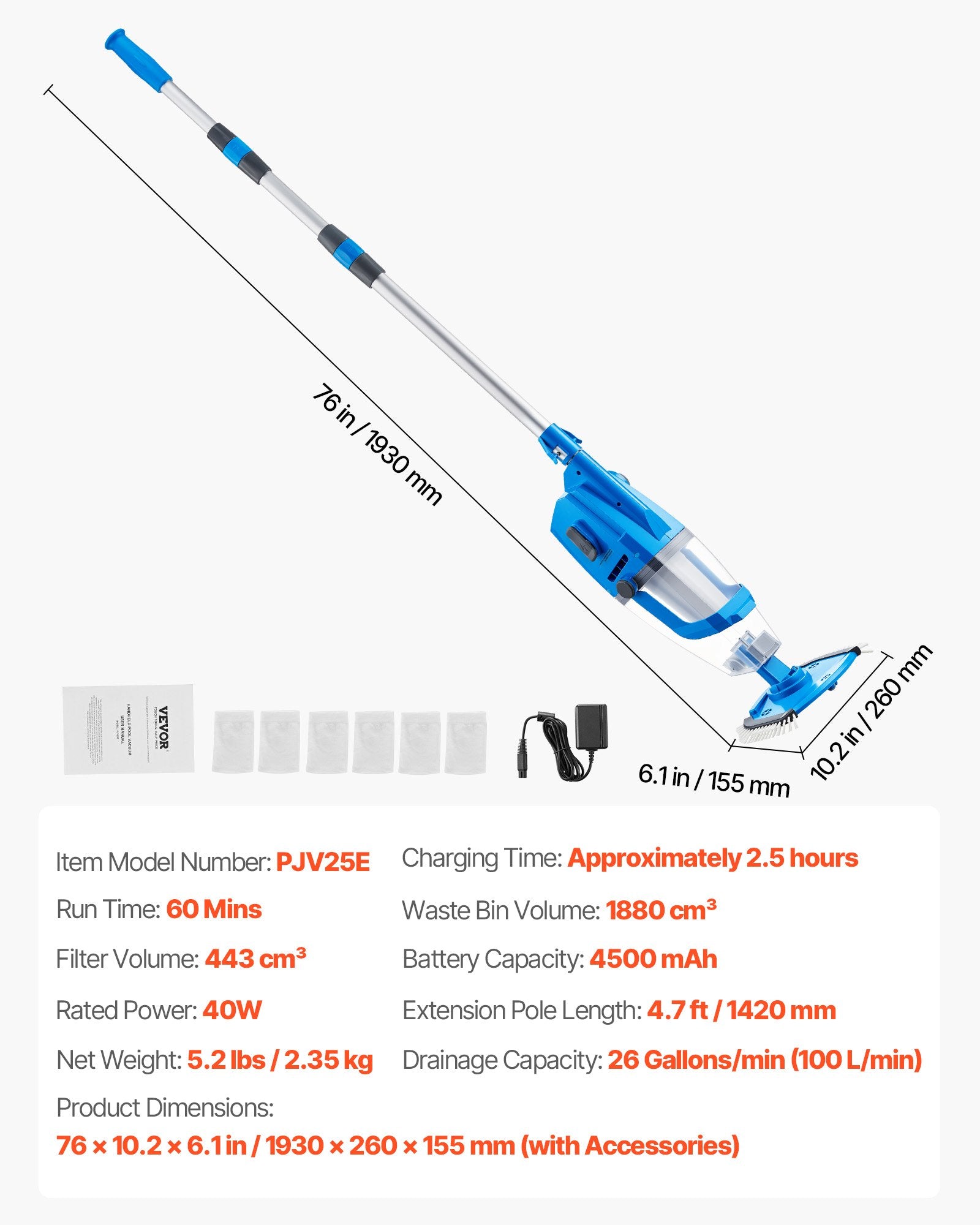 Cordless Pool Vacuum with Extension Pole for Deep Cleaning | 26 GPM, Strong Suction, 1-Hour Run Time, Rechargeable for Above/Inground Pool Spas